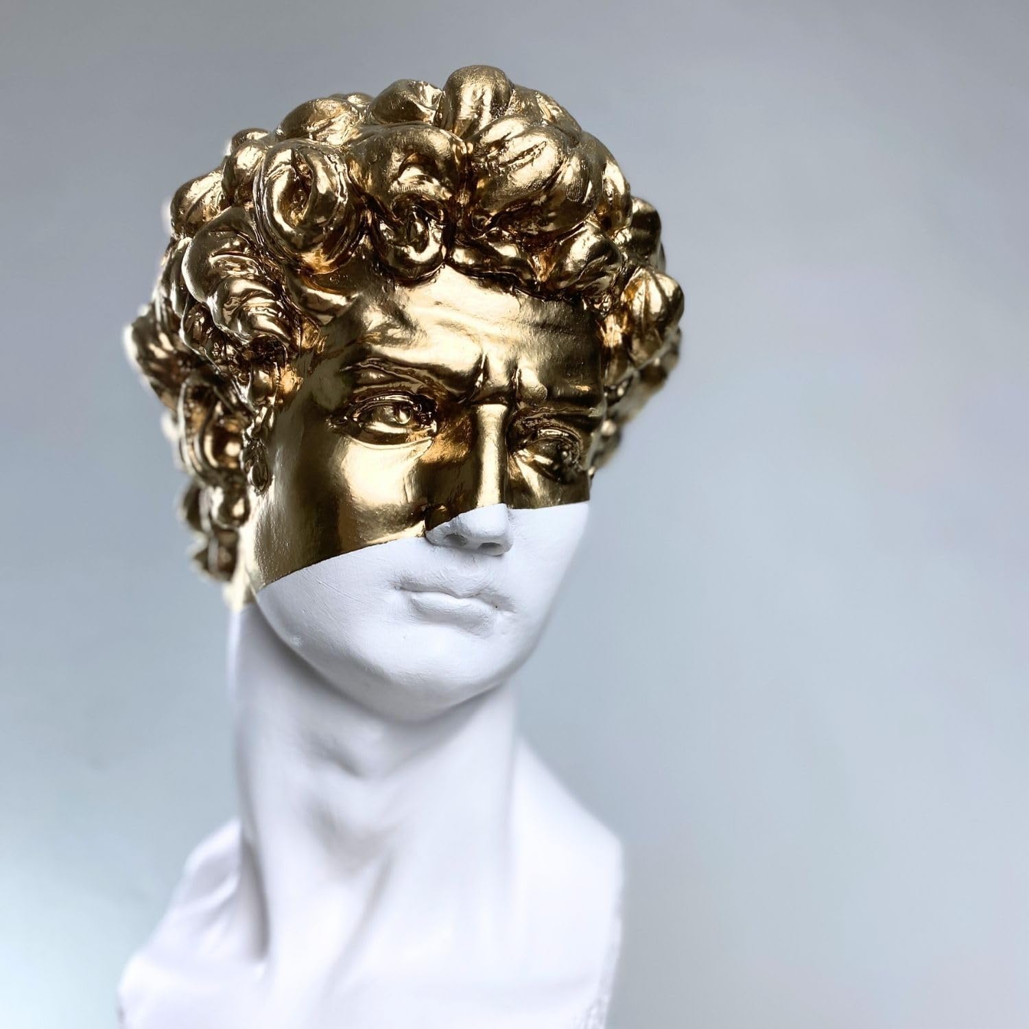 Pop Art David Gold Face Sculpture Head Bust – Modern Renaissance Roman Greek Statue – Abstract Contemporary Marble Cast Figurine – Luxury Home Office Shelf Table Decor – Original Artwork