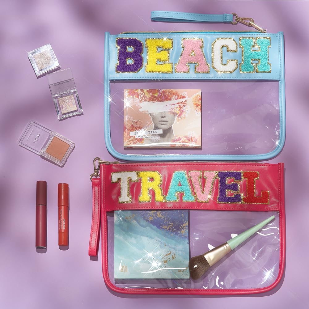 Chenille Letter Clear Cosmetic Bag Transparent Toiletry Bag Waterproof Makeup Bag Preppy Travel Zipper Pouch (Blue Beach) - Image 4