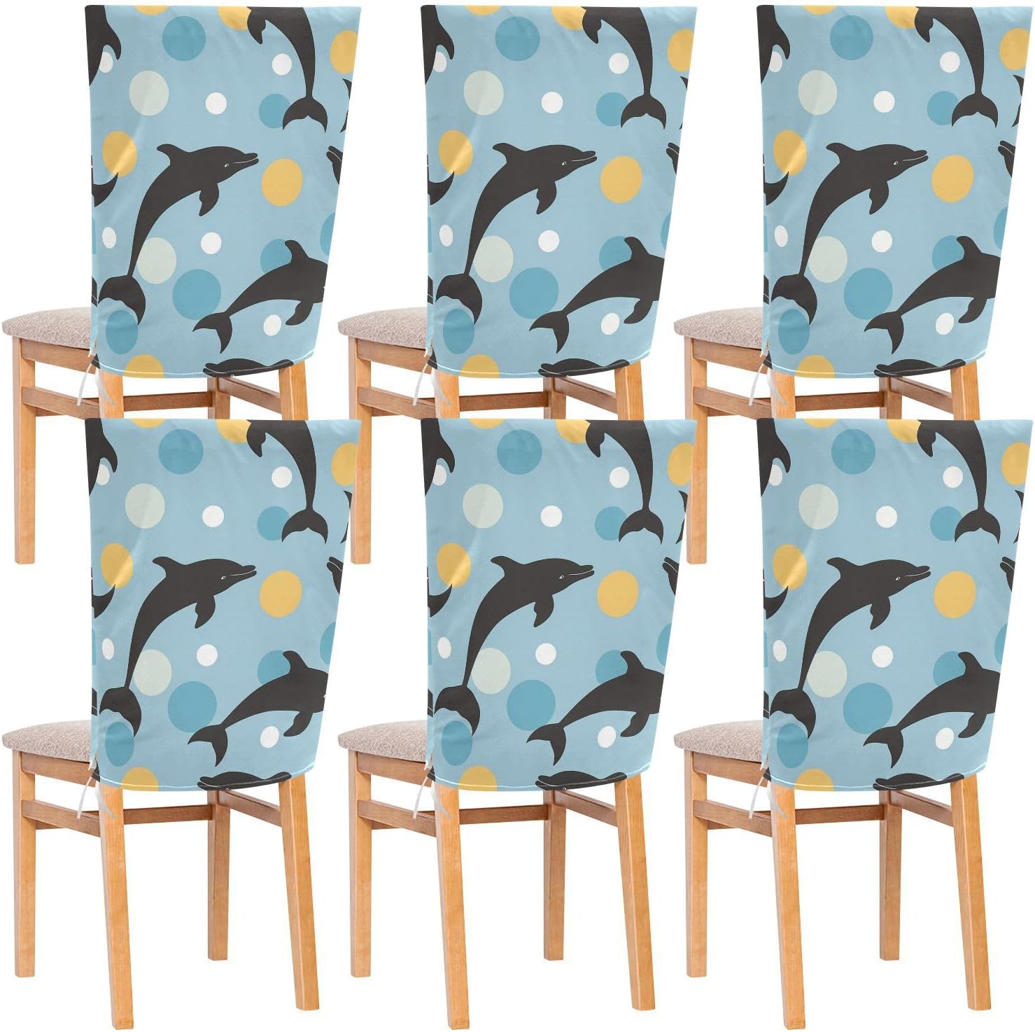 ALAZA Dolphin Silhouette Polka Dots Chair Back Cover Set of 6, Washable Reusable Removable Chair Slipcovers Decorative Chair Cover for Home Kitchen Wedding Party