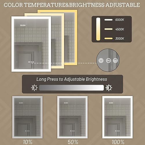 Miniatura 3 de Botiquín de baño de 20 x 28 pulgadas con luces, botiquín LED con espejo, botiquín de baño iluminado con almacenamiento, reloj digital y pantalla de
