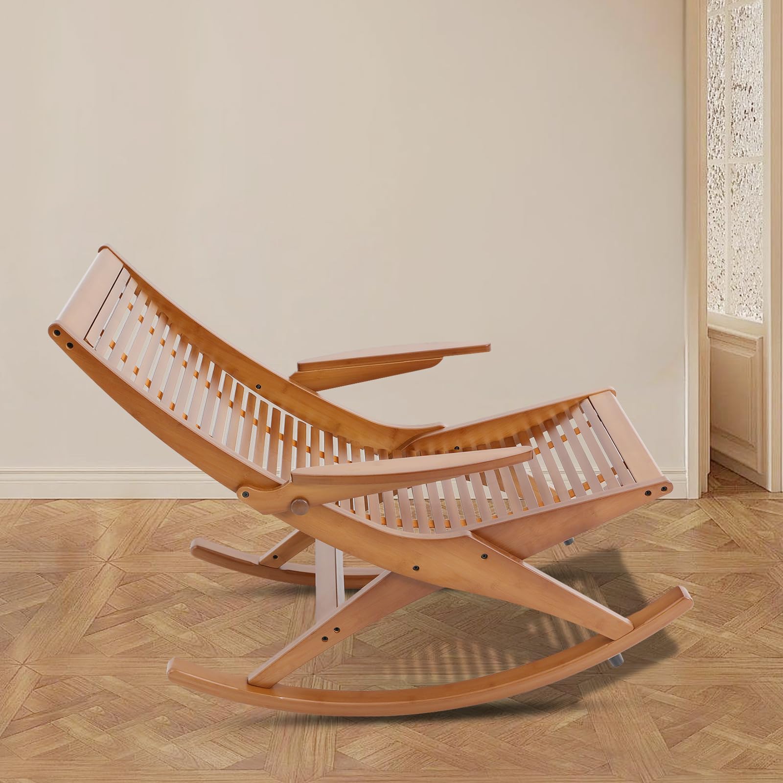 Fotel bujany, bambusowy, ogrodowy, fotel bujany, leżak relaksacyjny do 150 kg, ergonomiczny, do salonu, sypialni, na balkon