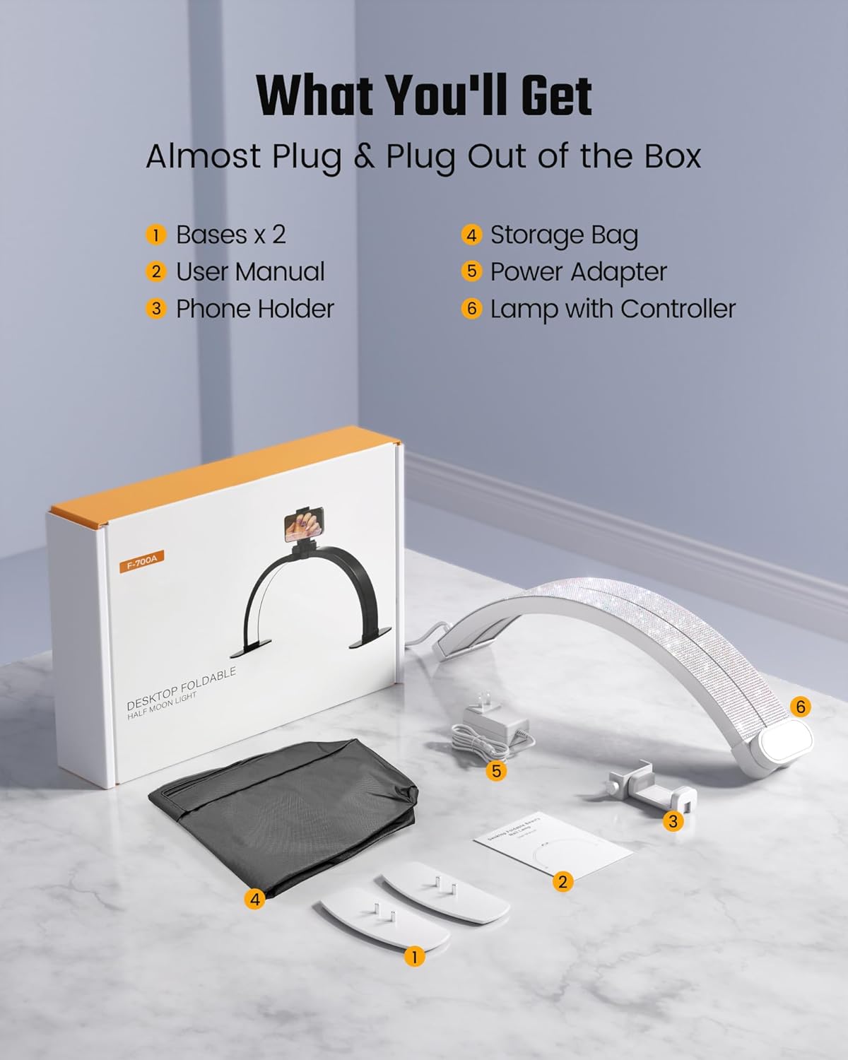 Half Moon Light for Nail Desk, Foldable Arch Nail lamp for Desk with Rhinestones,CRI≥90 LED with Phone Holder, Shadowless Table Lamp Perfect for Manicure Handicraft Lighting,White