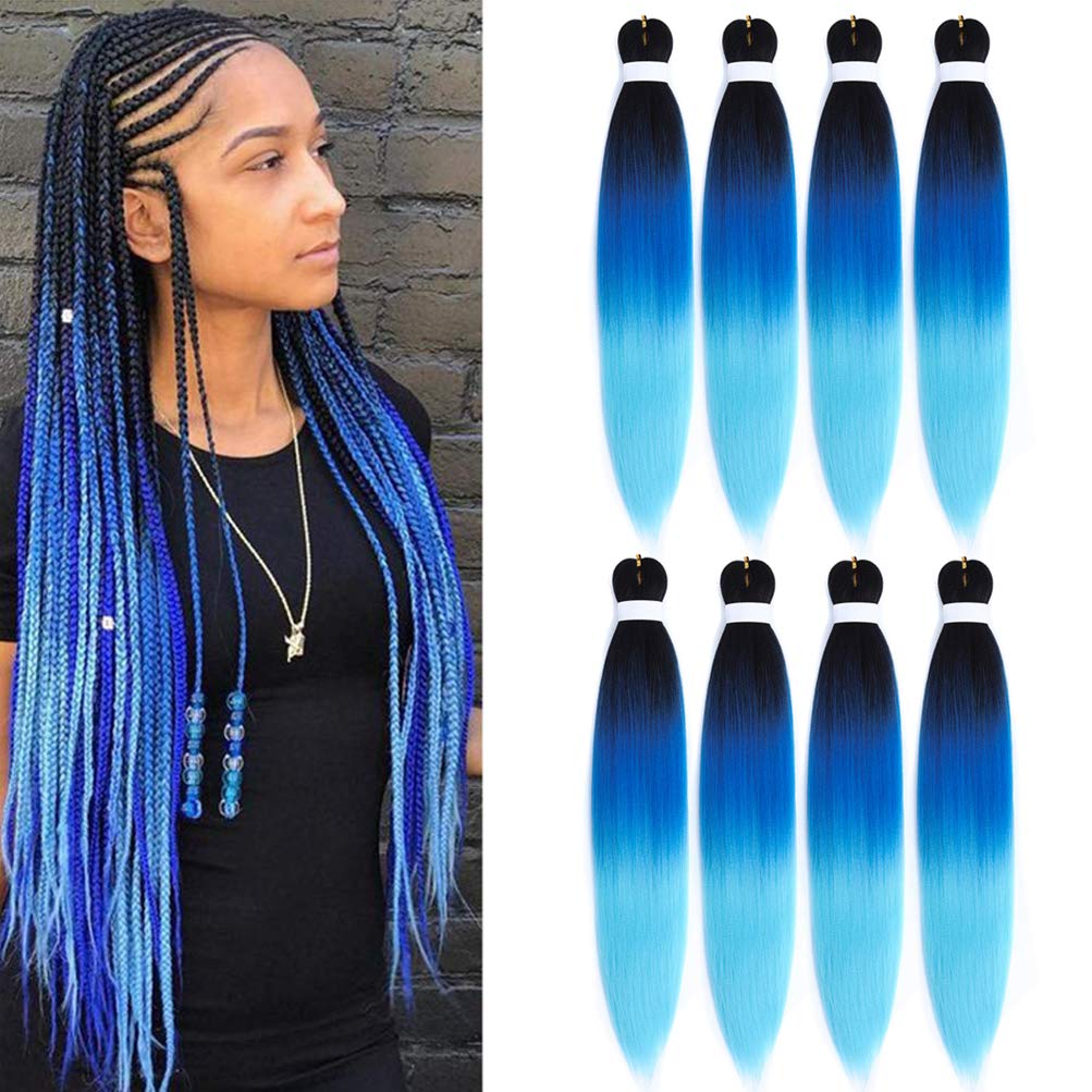 Pre Stretched Braiding Hair Ombre Blue 8 Packs Synthetic Fiber Croceht Braiding Hair Extension for Women for Women