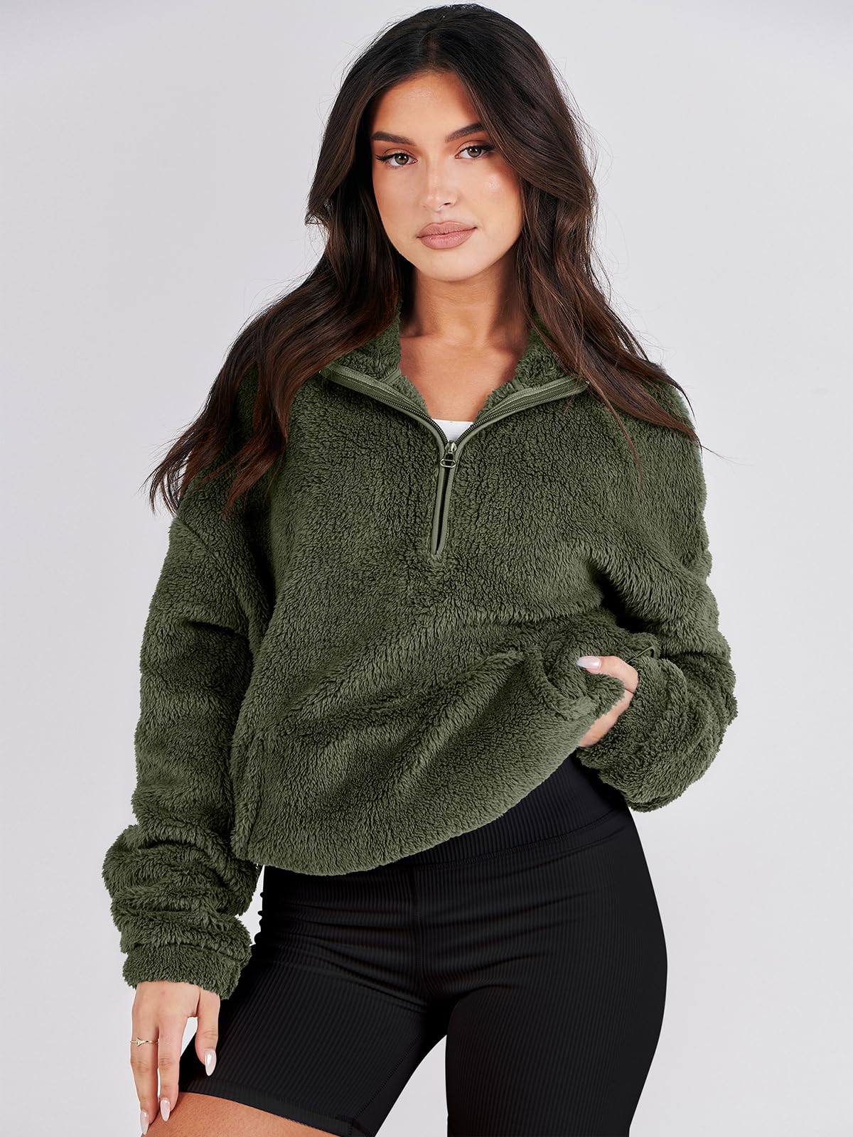 Damskie rozpinane bluzy oversize przycięte bluzy z kapturem na co dzień sweter z polaru topy 2024 moda jesienna, ciemnozielony, XL