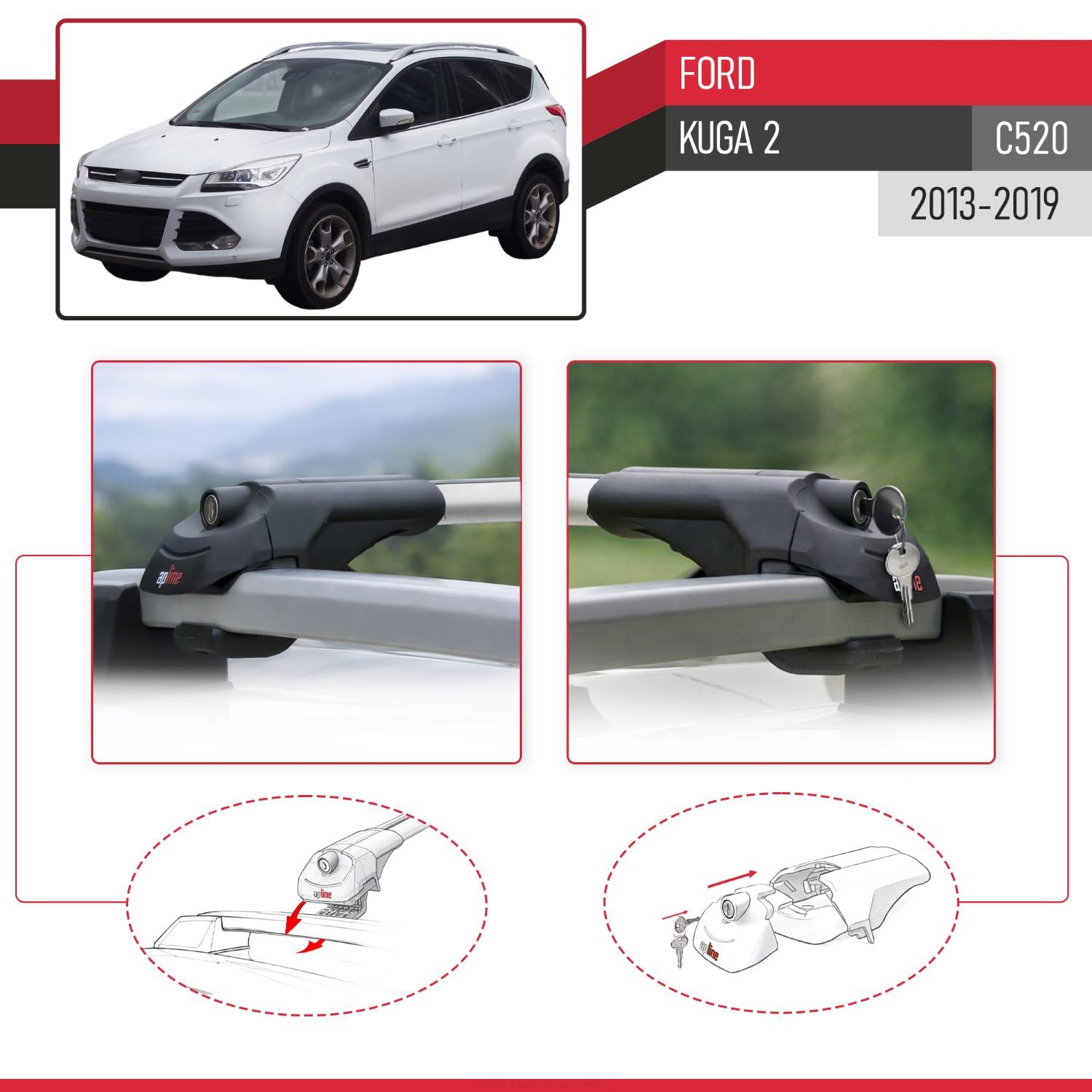 Kompatibel mit Ford Kuga 2 (C520) 2013-2019 ACE-1 Modell Relingträger Dachträger Auto Gepäckträger Grau Aluminium 2 Stangen