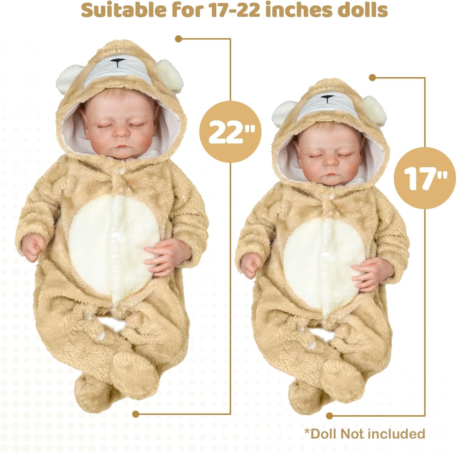 BABESIDE Reborn Baby Doll Clothes Set for 17-22 Inch Dolls Accessories, Cute Bear Baby Doll Clothes with Hat for Realistic Baby Dolls Girls & Boys, Khaki