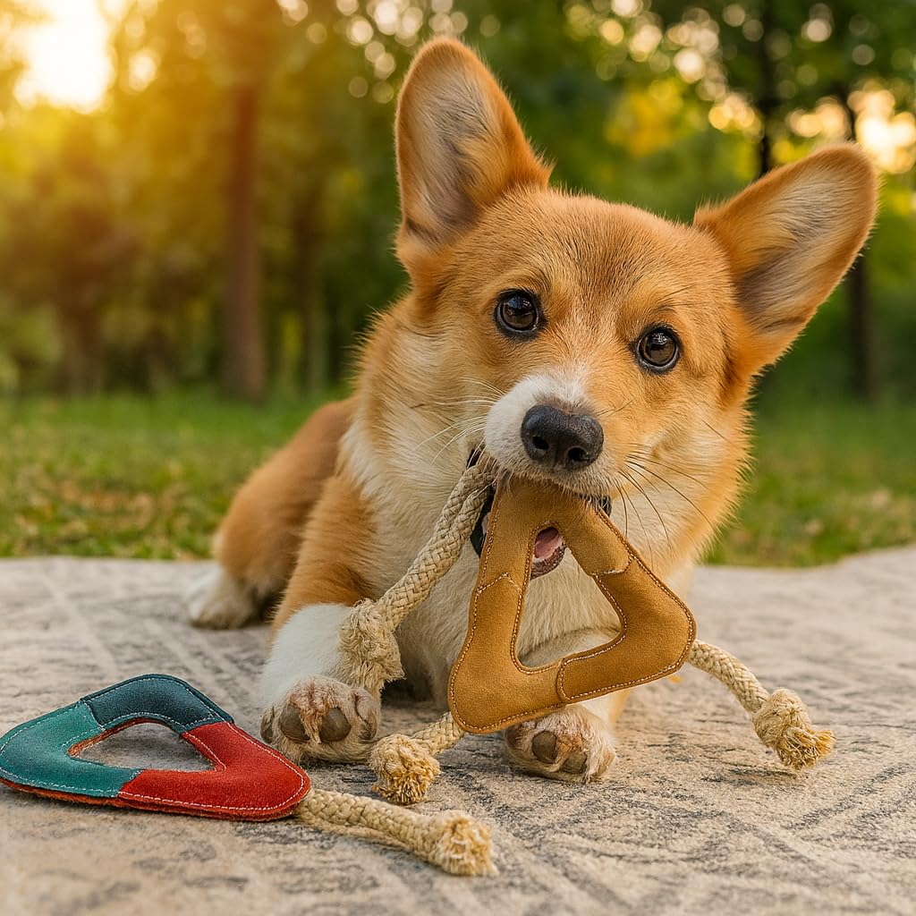 Juguete masticable de piel de ante natural con forma de triángulo para perros medianos a grandes, juguetes de cuero para perros (paquete de 2)