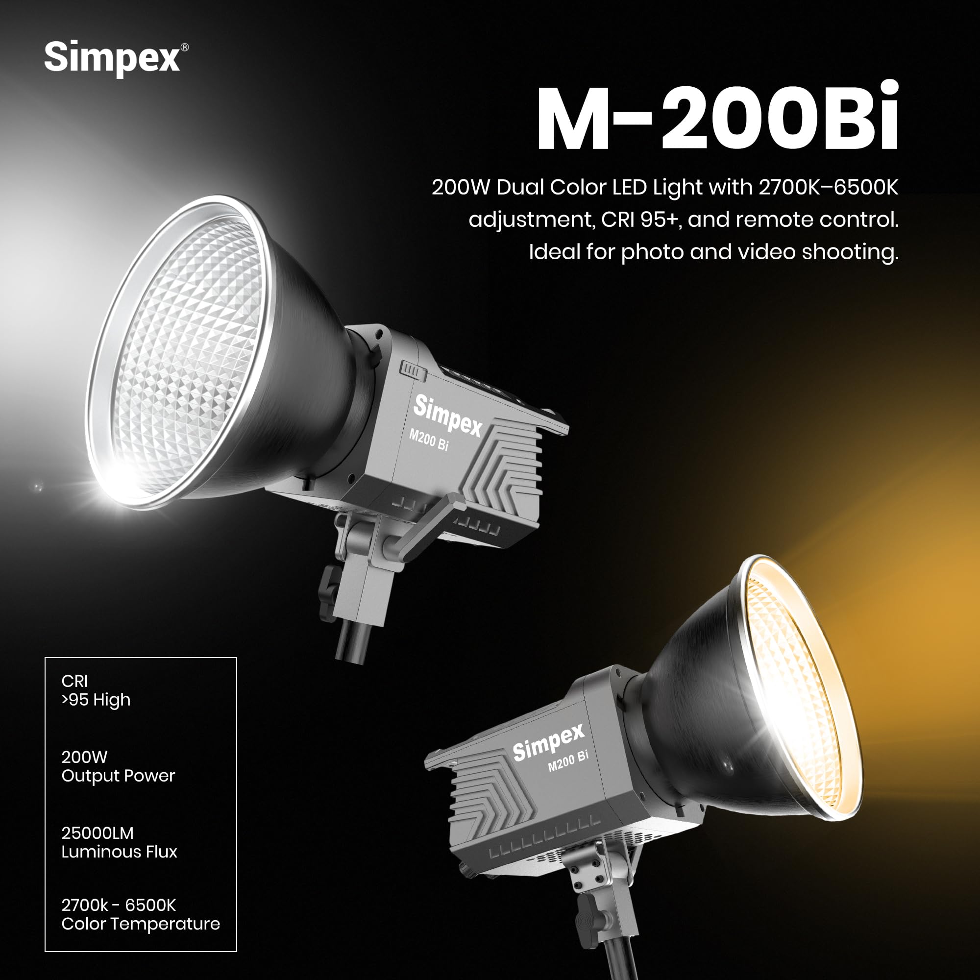 Simpex M-200Bi, 200W Dual Color Continuous LED Light with 18CM Reflector & Infrared Remote, AC Power, 2700K-6500K Color Temperature Control, Huge Display,CRI-95 Plus, Ideal for Video Shooting(Black) — Amazon image 2