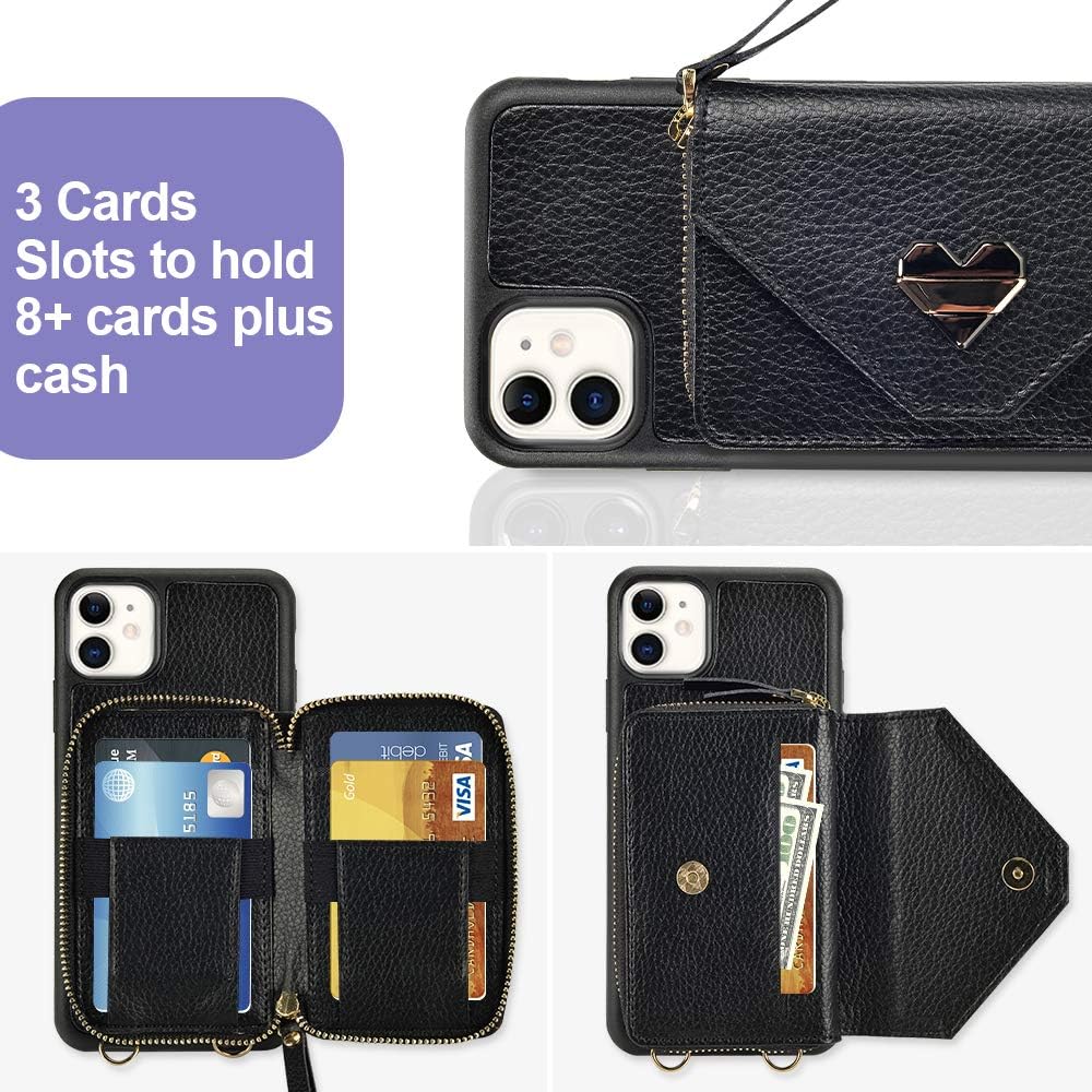 iPhone 11 Wallet Case, 6.1 inch, JLFCH iPhone 11 Crossbody Case with Card Holder Wrist Strap Purse Chain Zipper Cover for iPhone 11 6.1 inch - Black