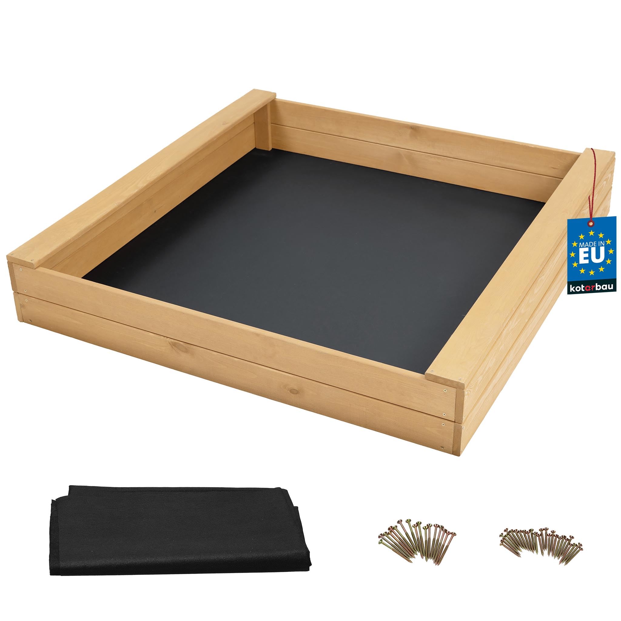 KOTARBAU® Caja de arena con banco de 120 x 120 cm, caja de arena de madera, caja de arena con 2 bancos, juguete de jardín para niños, con forro de caja de arena, madera de pino, natural