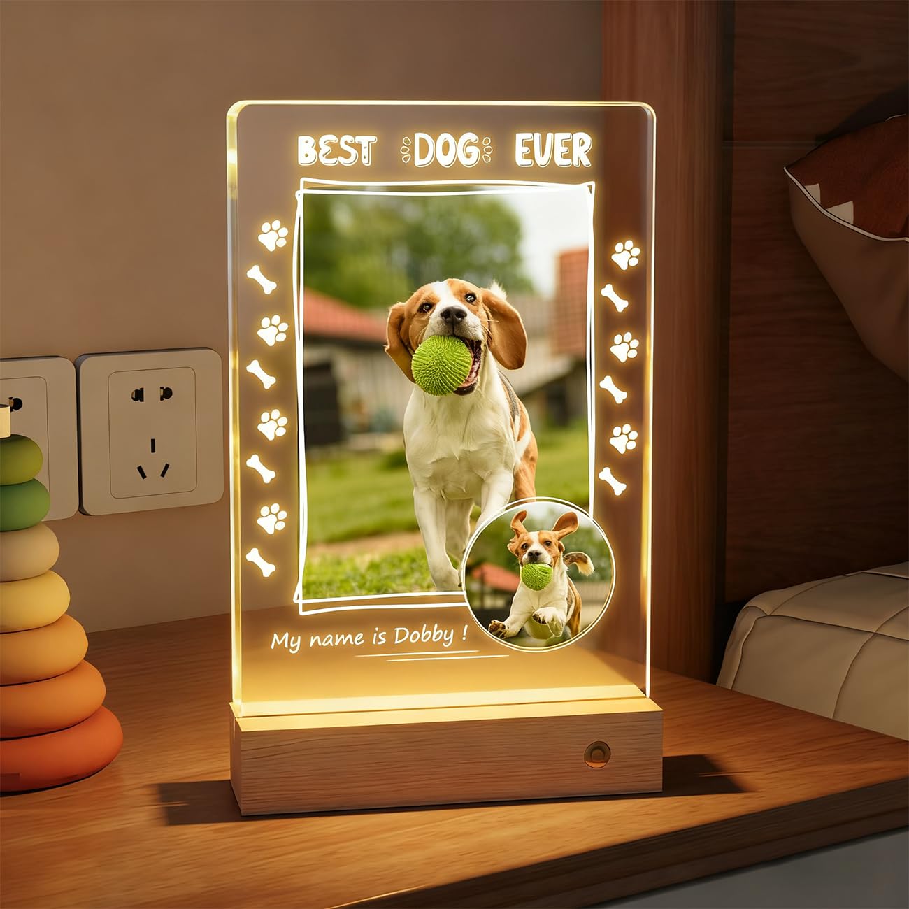 Custom Picture Frame with Photo,Personalized Light Up Picture Frame for Dogs Cats Customized Acrylic Plaque Photo Frame with Night Light Personalised Pet Photo Gifts for Birthday, Anniversary (Dog)