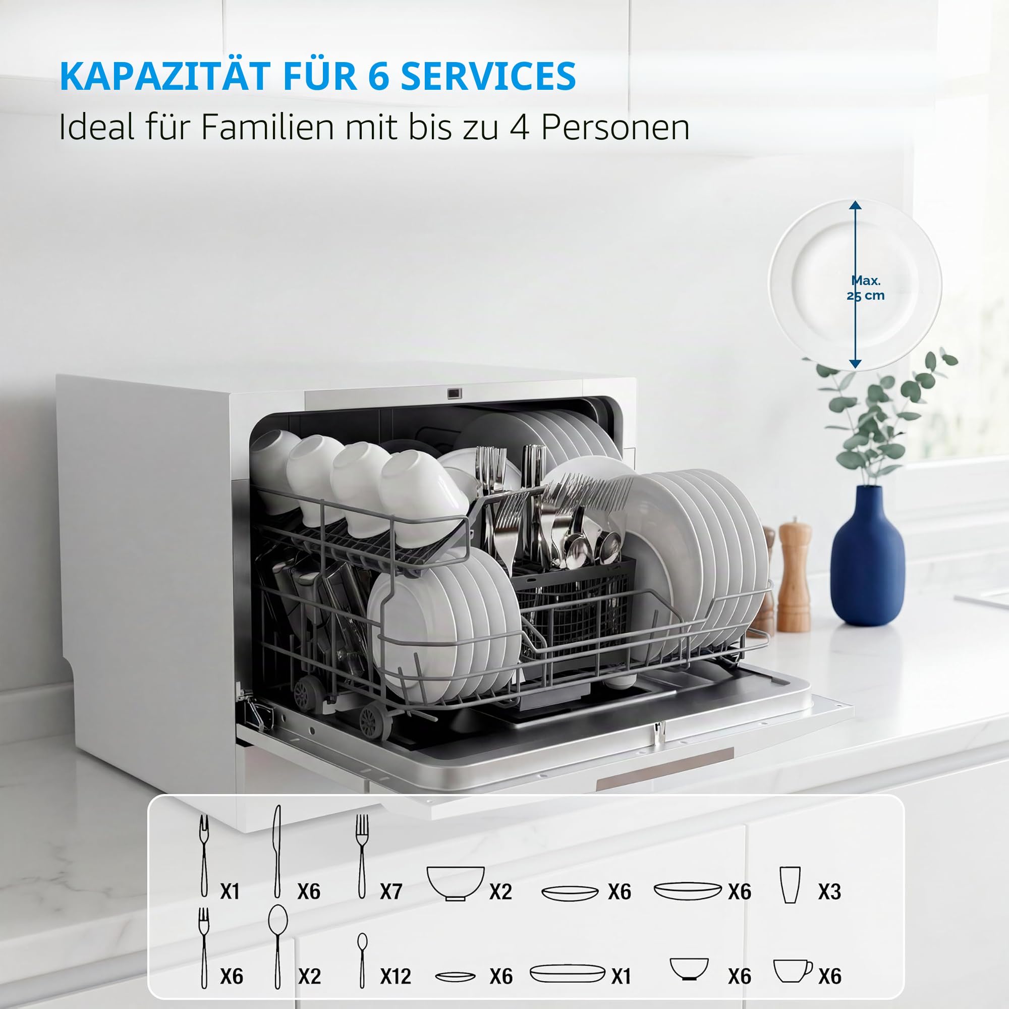 Midea Kleiner Geschirrspüler, Weiß, 55 cm, für 6 Personen, kompakt und tragbar, ohne Installation, Spülmaschine mit App Control, 6 Programme, antibakterieller Filter 49 dB, neues Modell
