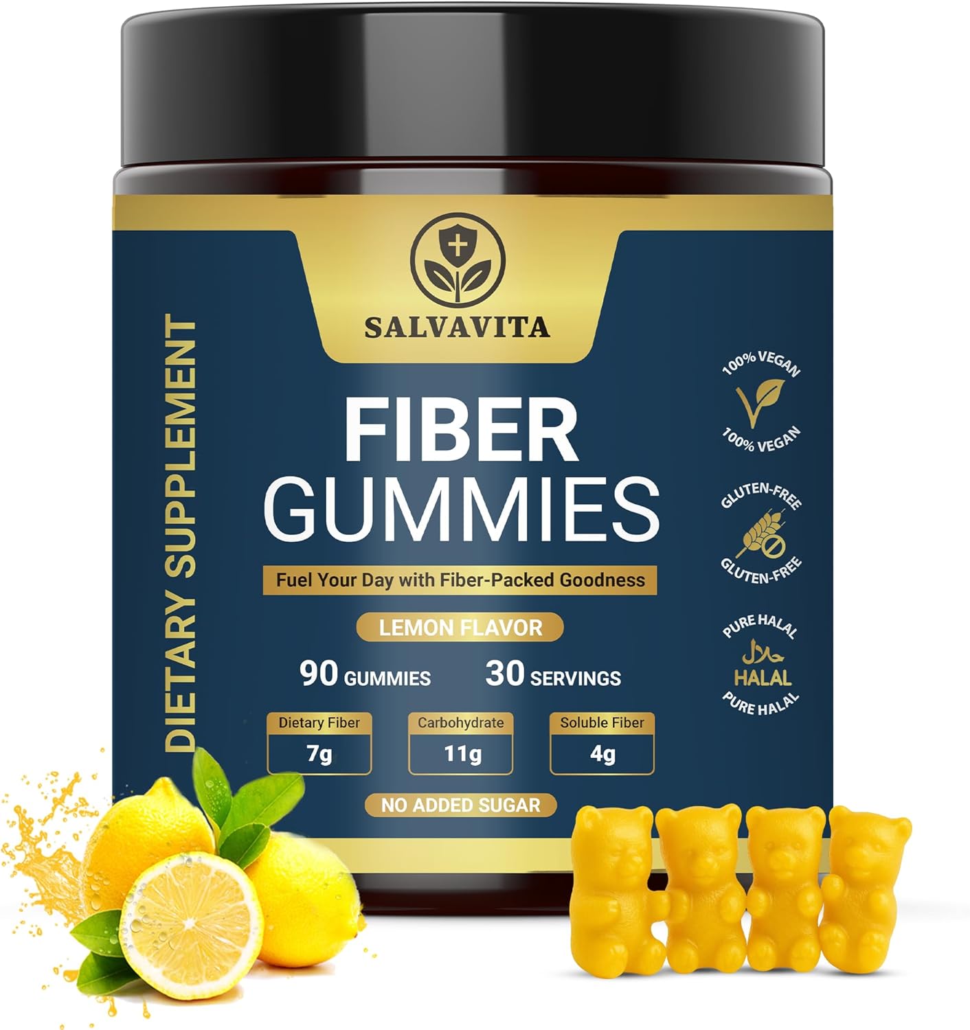 Fiber Gummies for Adults – 7g Dietary & Soluble Fiber with Prebiotics & Omega-3 Blend | Vegan, Non-GMO & No Added Sugar | Supports Healthy Digestion & Metabolism – Lemon Flavor (90 Gummies)