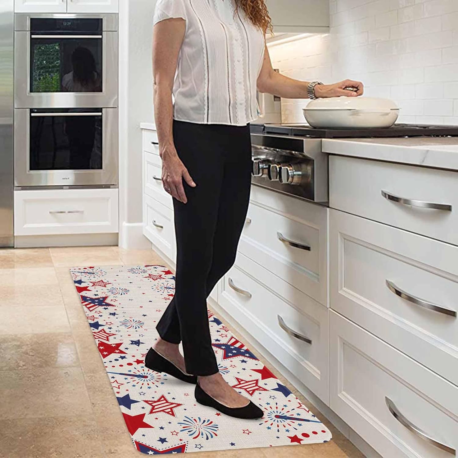 Red White and Blue Stars Kitchen Mat 4th of July Kitchen Rugs Non Slip Stars Firework Mats, Patriotic Soft Runner Rug Water Absorbent Stars Retro Floor Mat for Kitchen,Sink,Laundry 16"x47"