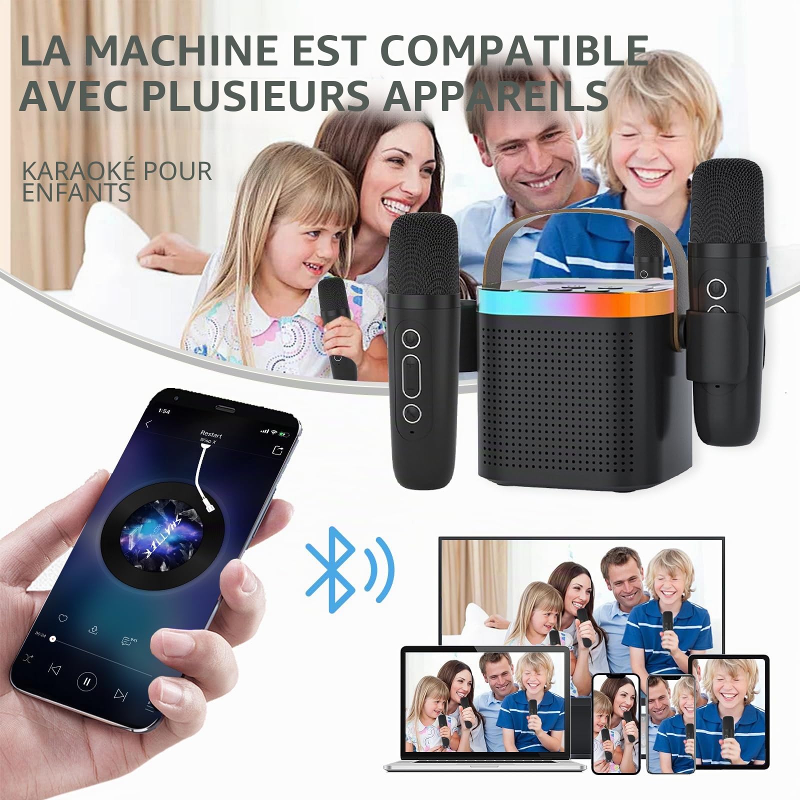 Karaoke Machine Plus 2 Microphone sans Fil Portable Bluetooth Karaoke Barre de Son avec Conversion vocale et LED lumière pour Les Enfants Adultes, Cadeau d'anniversaire de Noël (Noir)