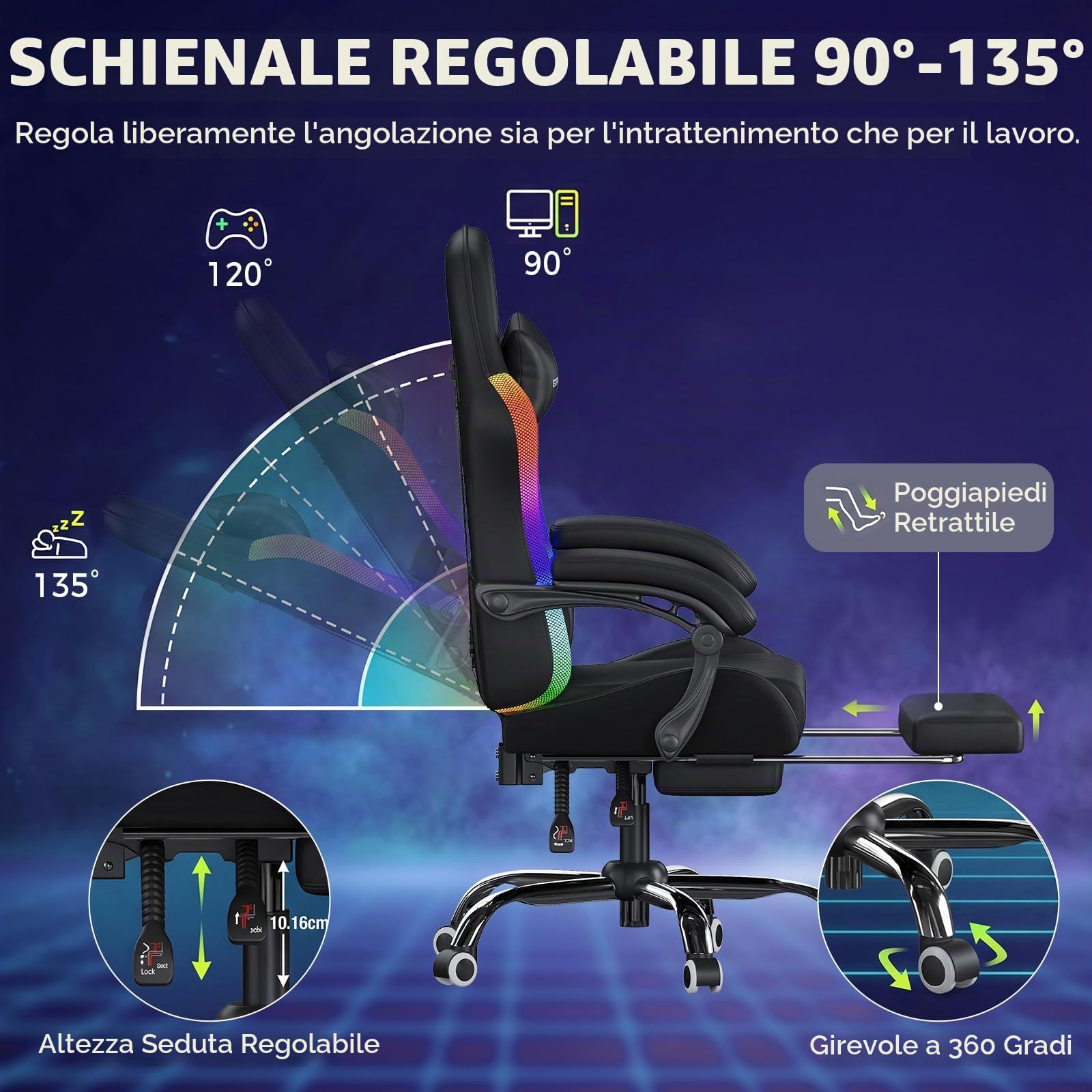 GTPLAYER Sedia da gaming, da ufficio, con barra luminosa a LED e funzione di massaggio, schienale con custodia, ergonomica, per PC con telecomando