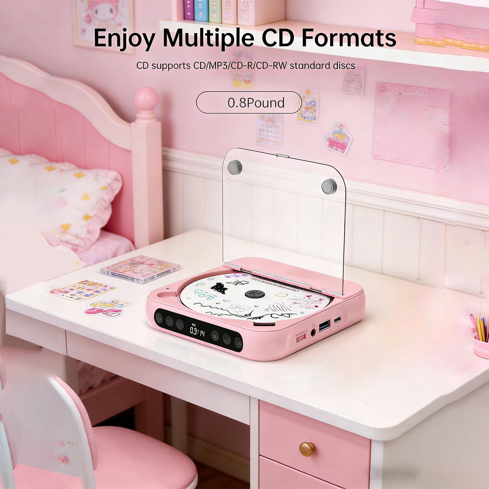 Fockety Lettore CD portatile per casa e auto, 13,5 x 13,5 x 2, cm, in ABS (PINK)