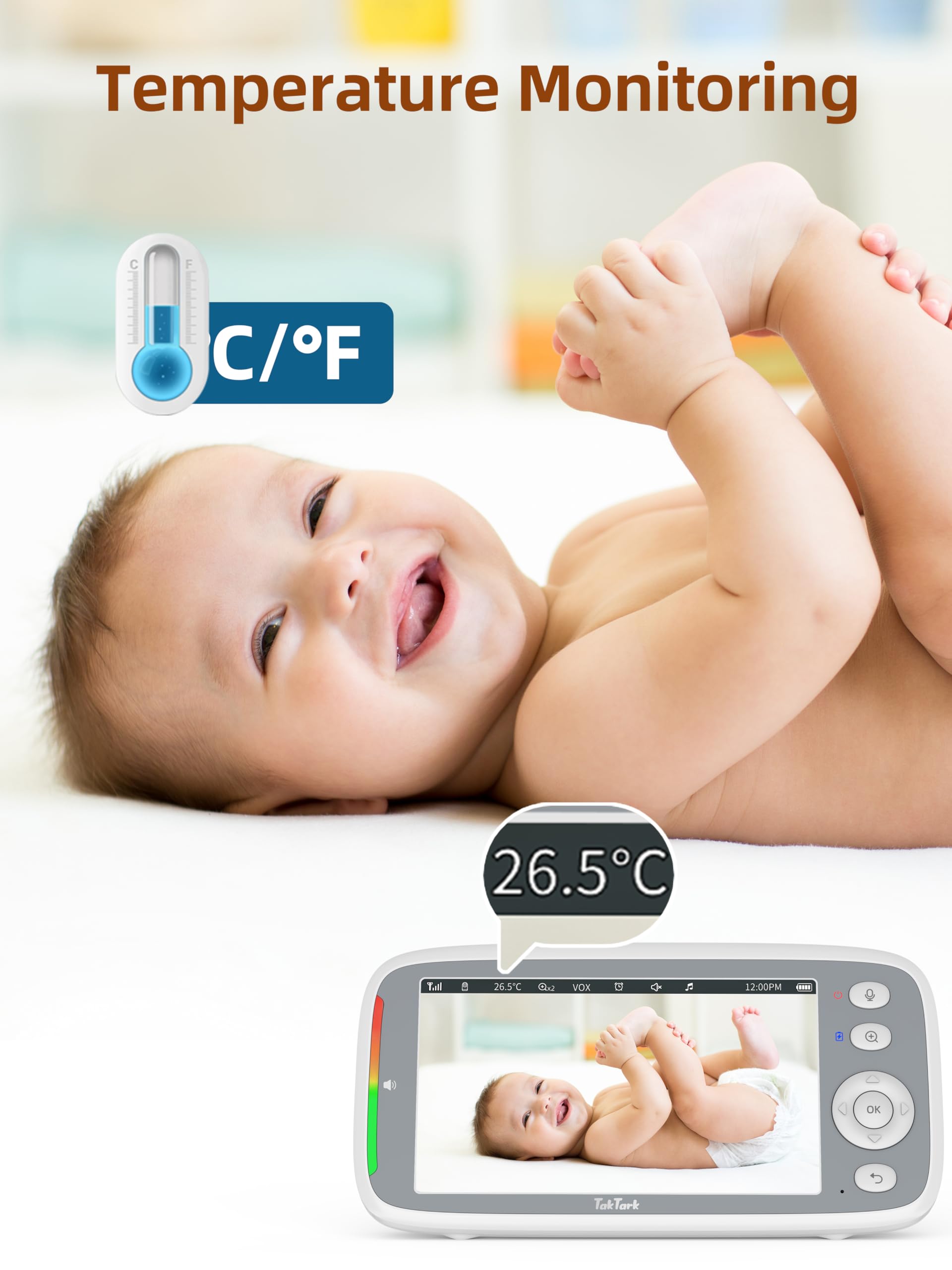 Image showing a baby smiling with the monitor displaying room temperature