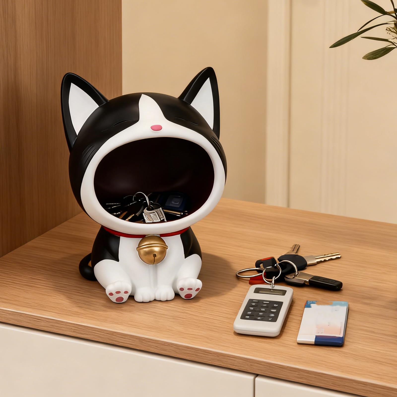 cuenco clave para la mesa de entrada Lucky Cat Statue Candy Dish para la decoración del hogar del arte del escritorio de la oficina (negro)