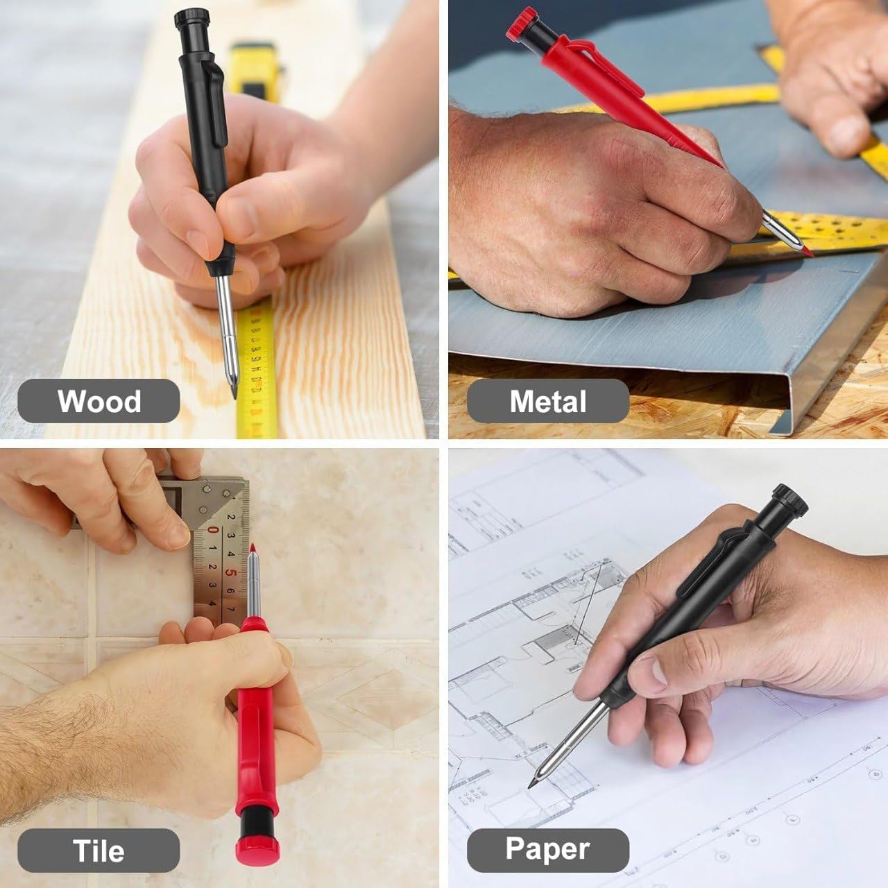 2 N FASHION Carpenter Mechanical Pencil with 6 Refills (Pack of 2) | Deep Hole Construction Marker with Built-in Sharpener | Long Nib Woodworking Pencil for Carpenter & Builder (Black, Red) 2