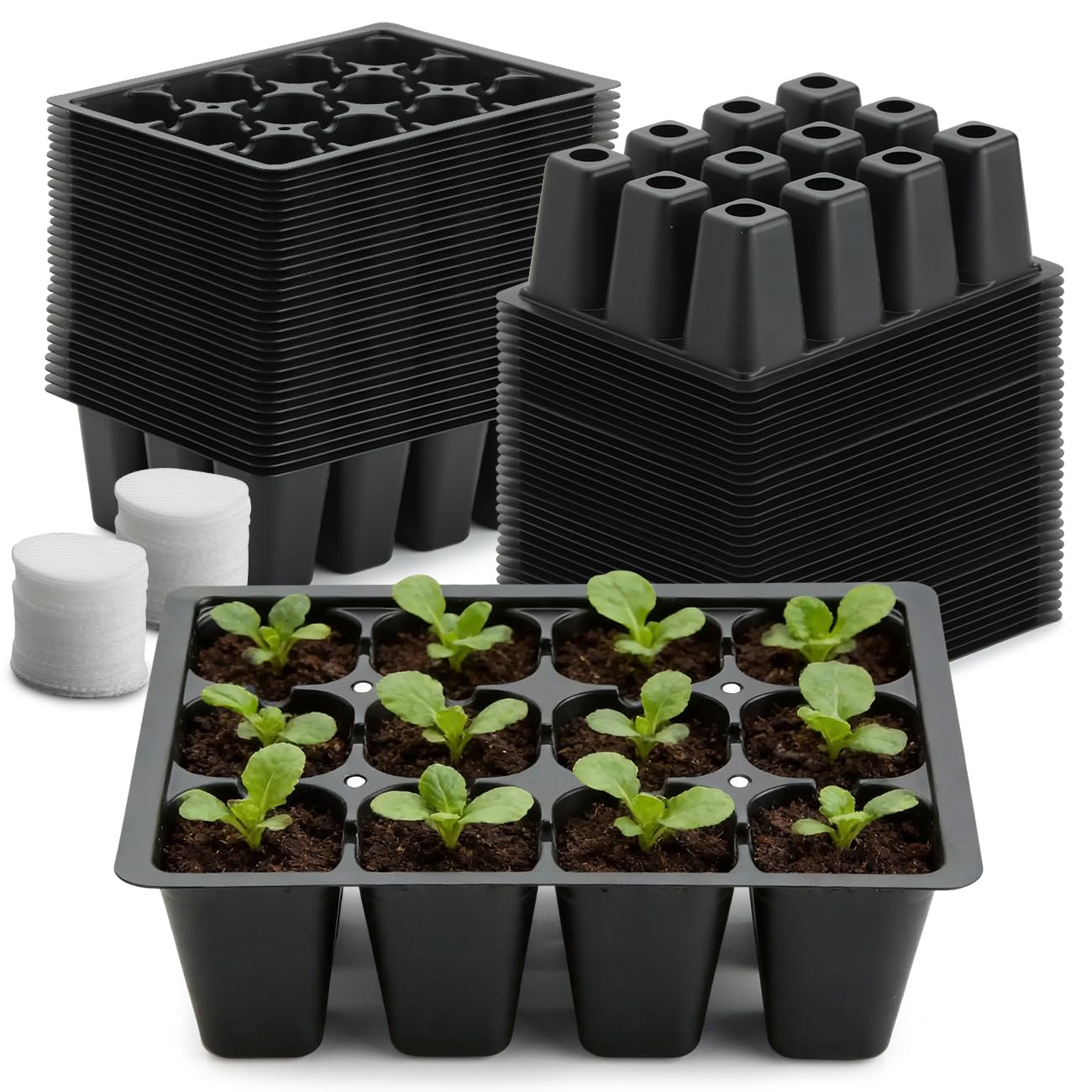RooTrimmer Lot de 60 plateaux de démarrage de graines réutilisables à 12 cellules avec grands trous de drainage pour la germination des graines, faciles à rempoter, compatibles avec les plateaux plats