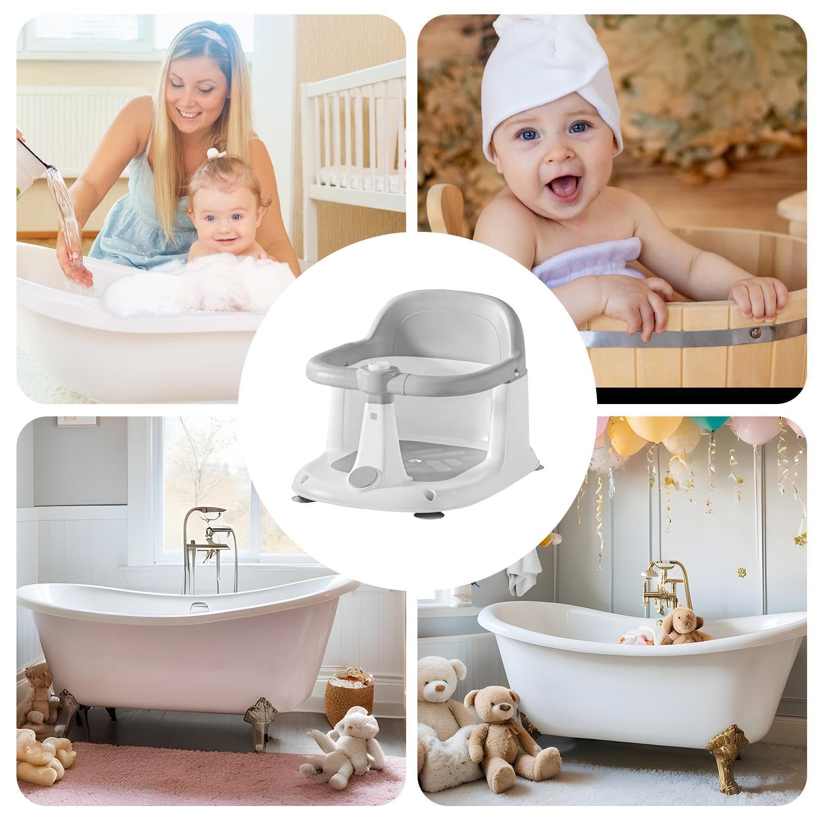 Silla compacta para bañera, portátil, 15.2 x 11.8 pulgadas, tamaño de mano con 4 ventosas, accesorio de resina duradera para el cuidado infantil, estilo moderno con soporte, regalo para nuevos padres