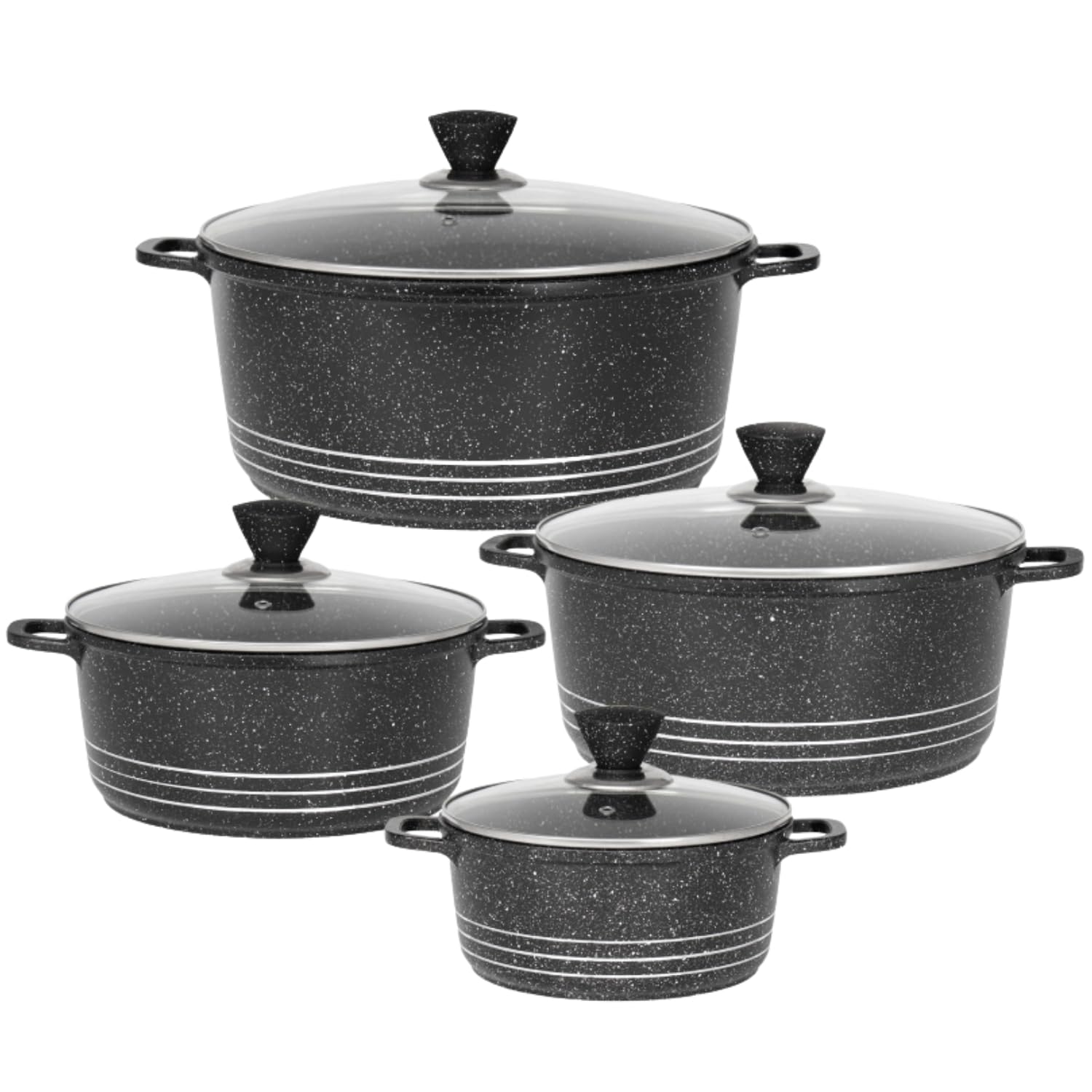 Die Cast Stockpot Set 4 Piece Non Stick Cooking Pot Casserole Set Aluminium Induction Stock Pot with Lids Tempered Glass 20cm 24cm 28cm 32cm Induction (Black)