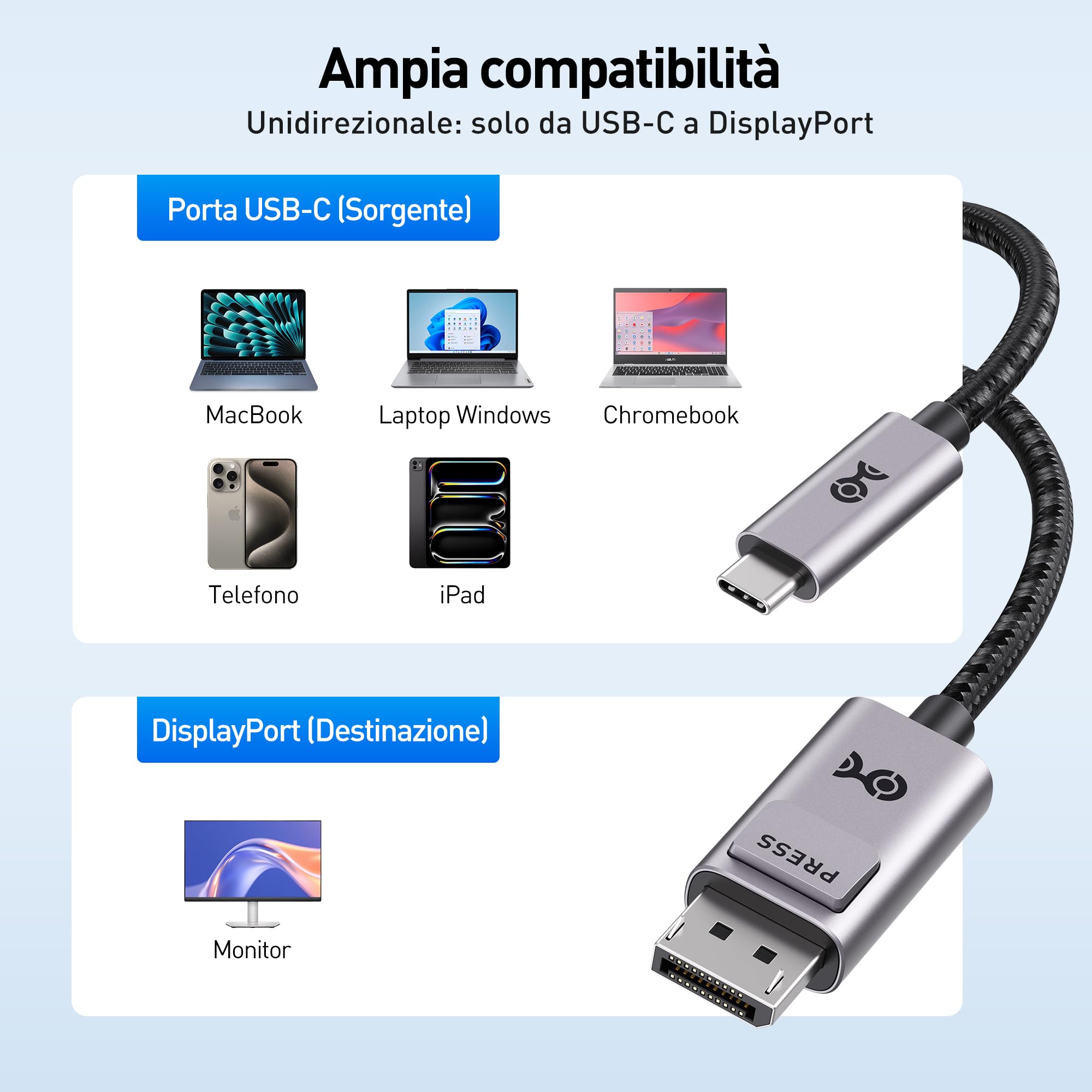 Cable Matters Cavo USB-C a DisplayPort 1.4 intrecciato, 1,8 m | 4K@120Hz, Cavo USB-C a DisplayPort 1.4, Compatibile con Thunderbolt 4 e USB4