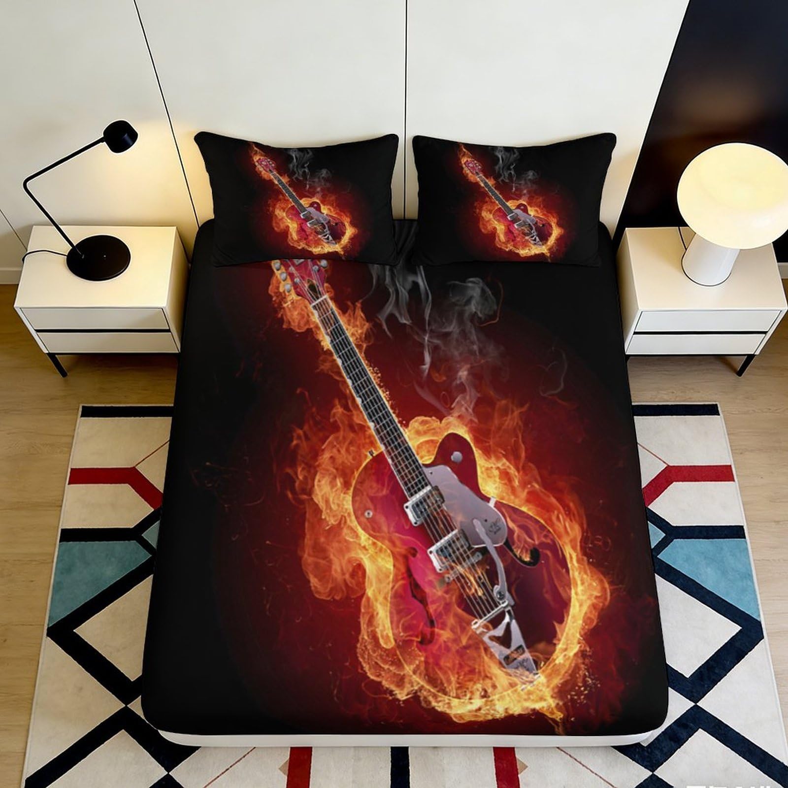 Pnayamiorkfel Style-10 3D Printed Flaming Guitar Fitted Sheet Microfiber Soft Breathable Fire Music Bed Cover For Bedroom Dorm Decor 90X200x25cm