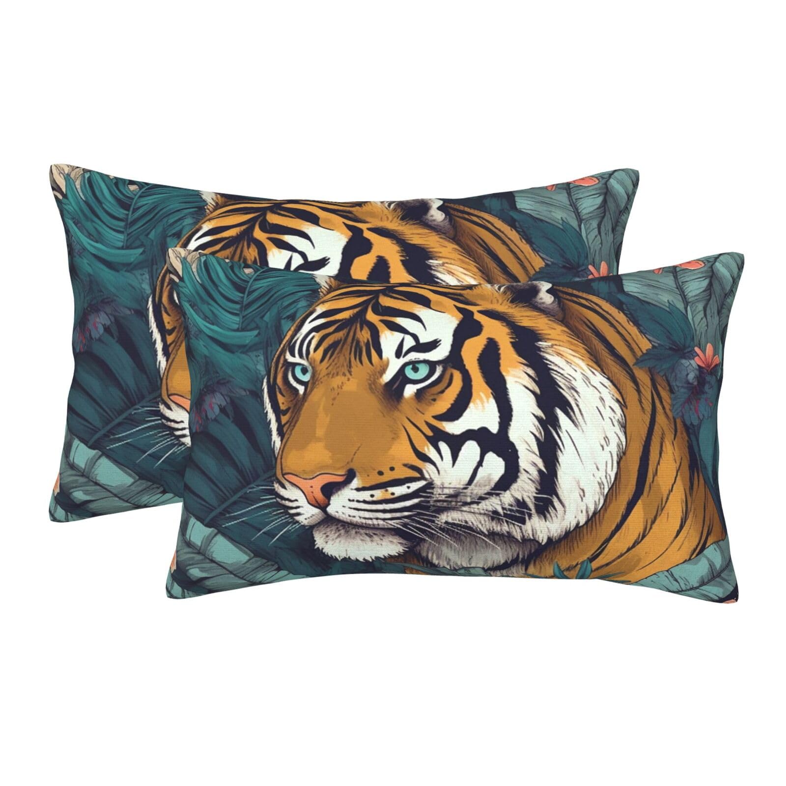 2 Pack Pillow Cases with Hidden Zipper, Soft Breathable Pillow Covers for Hair and Skin, Tropical Tiger Pillowcases 20"x30" Bed Pillow Protectors Cover for Sleeping Gifts