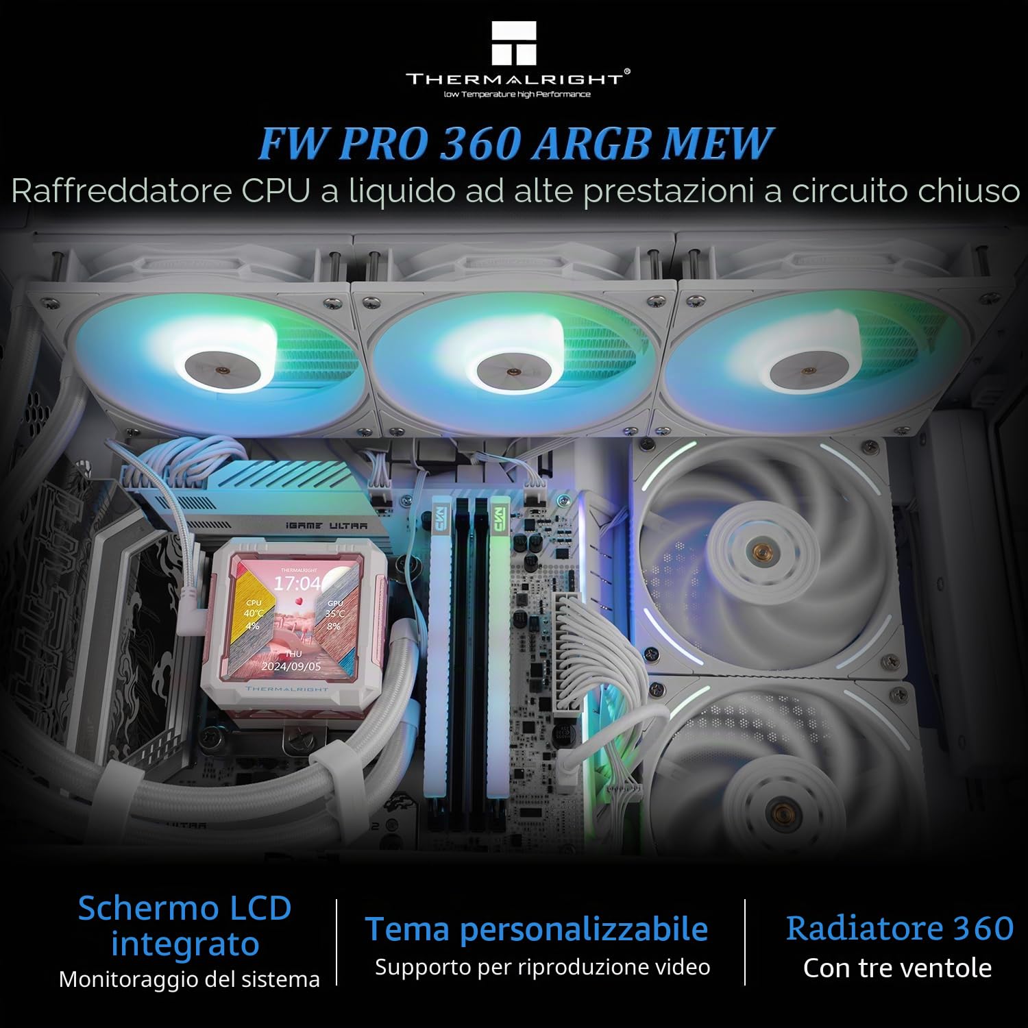 Thermalright FW PRO 360 ARGB MEW CPU AIO, schermo LCD IPS con risoluzione 320 x 320, per AM5 & Intel 1700/1851, ad alte prestazioni 360 specs raffreddato ad acqua con display rimovibile
