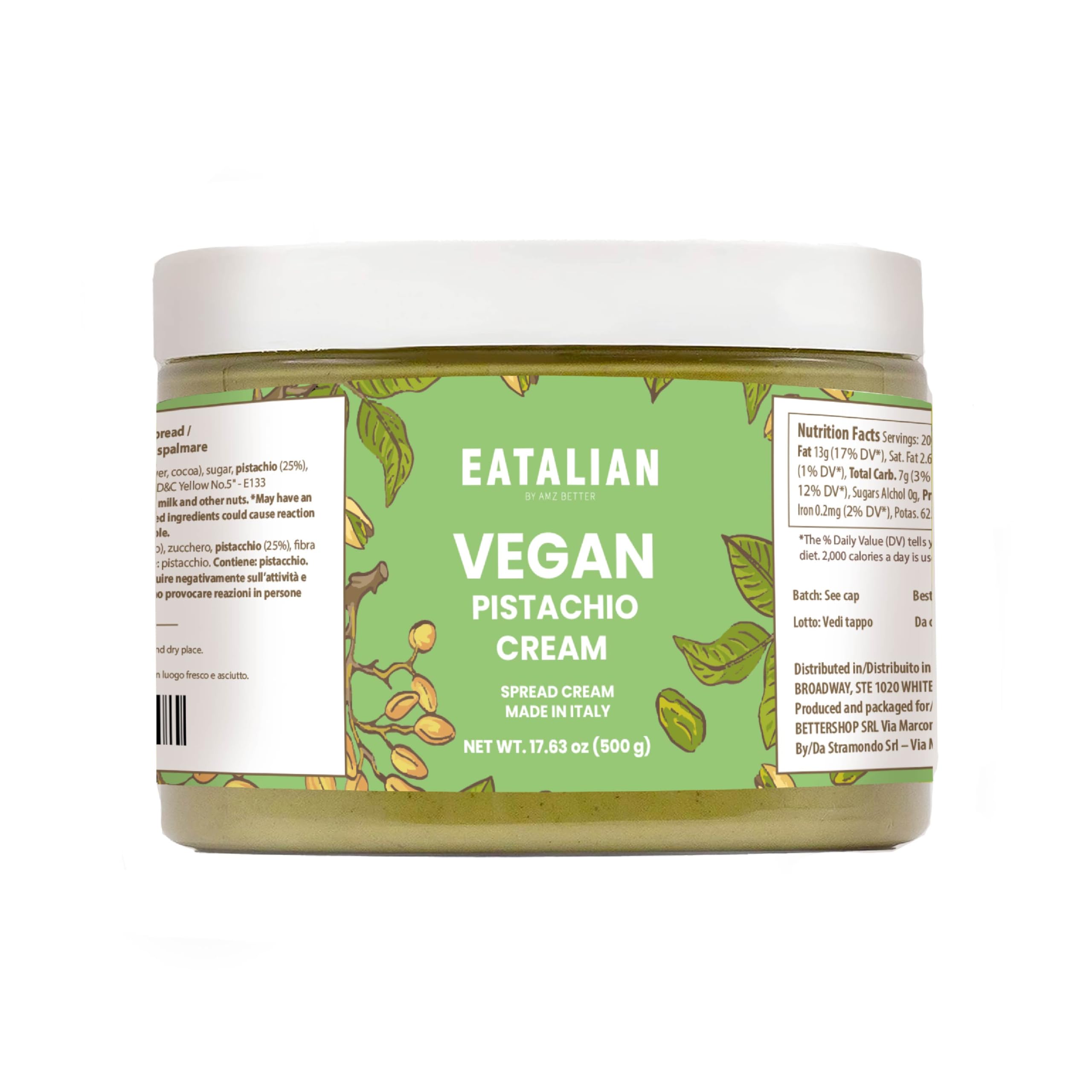 EATALIAN by AMZ BETTER Vegan Pistachio Cream, 17.63 oz/ 500 gr, Delicious vegan spread with a uniquely sweet taste, Ideal on bread, Perfect with ice cream, Excellent for Dubai Chocolate, Made in Italy