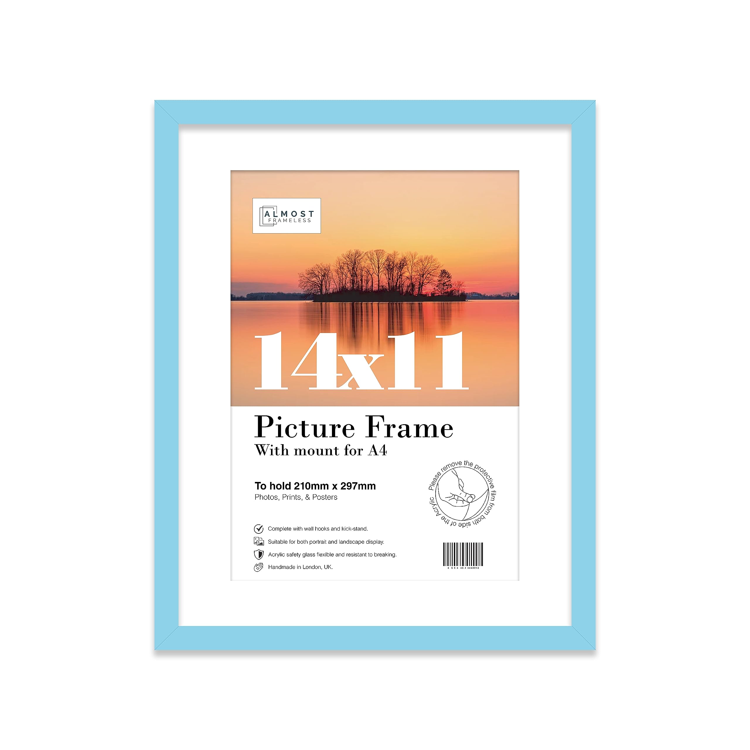 Almost Frameless 14x11 Light Blue Picture Frame With Mount for A4 Print, Poster or Photo Poster, Photo, Artwork, or Print. Thin Edge Slim Frame Portrait and Landscape Display with Wall Hooks