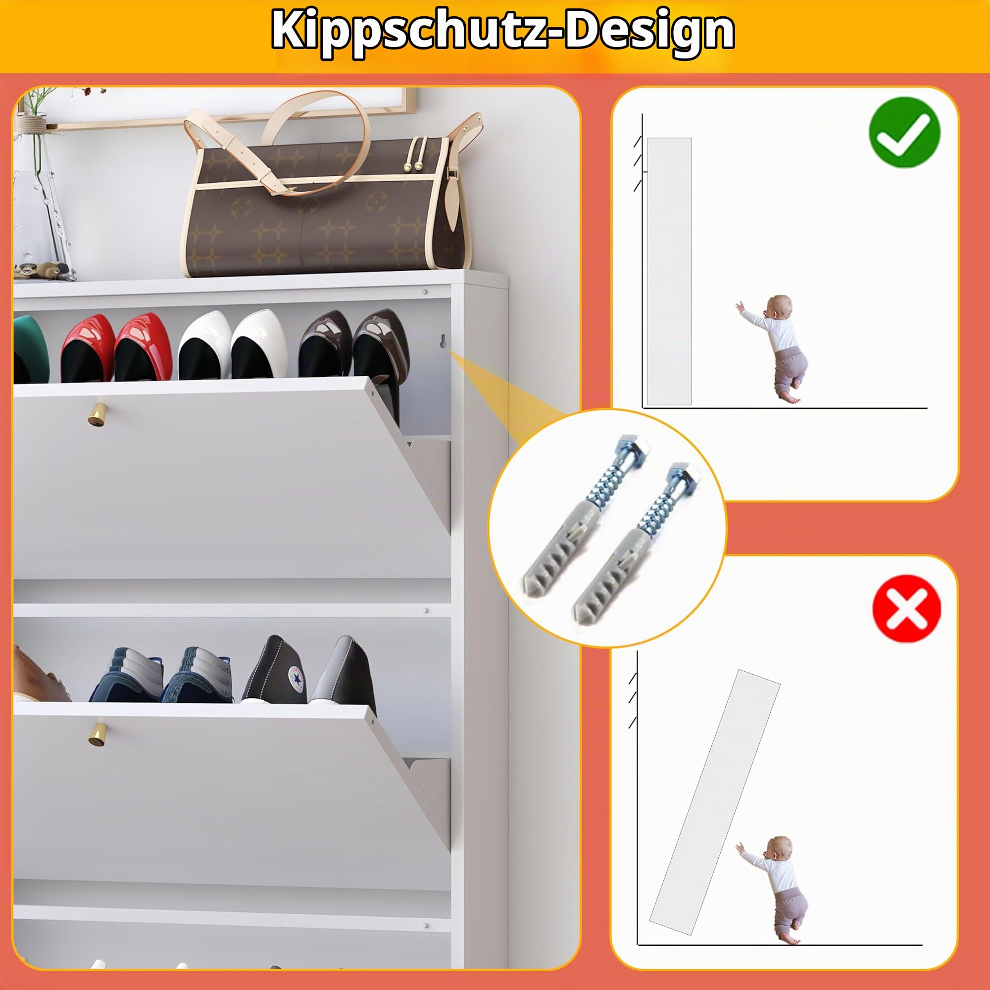 Schuhschrank mit 3 Klappschubladen, schmaler Schuhaufbewahrungsschrank, Bauernhaus-Schuh-Organizer, freistehender Organizer mit Metallbeinen für Eingang, Foyer, Flur, Weiß
