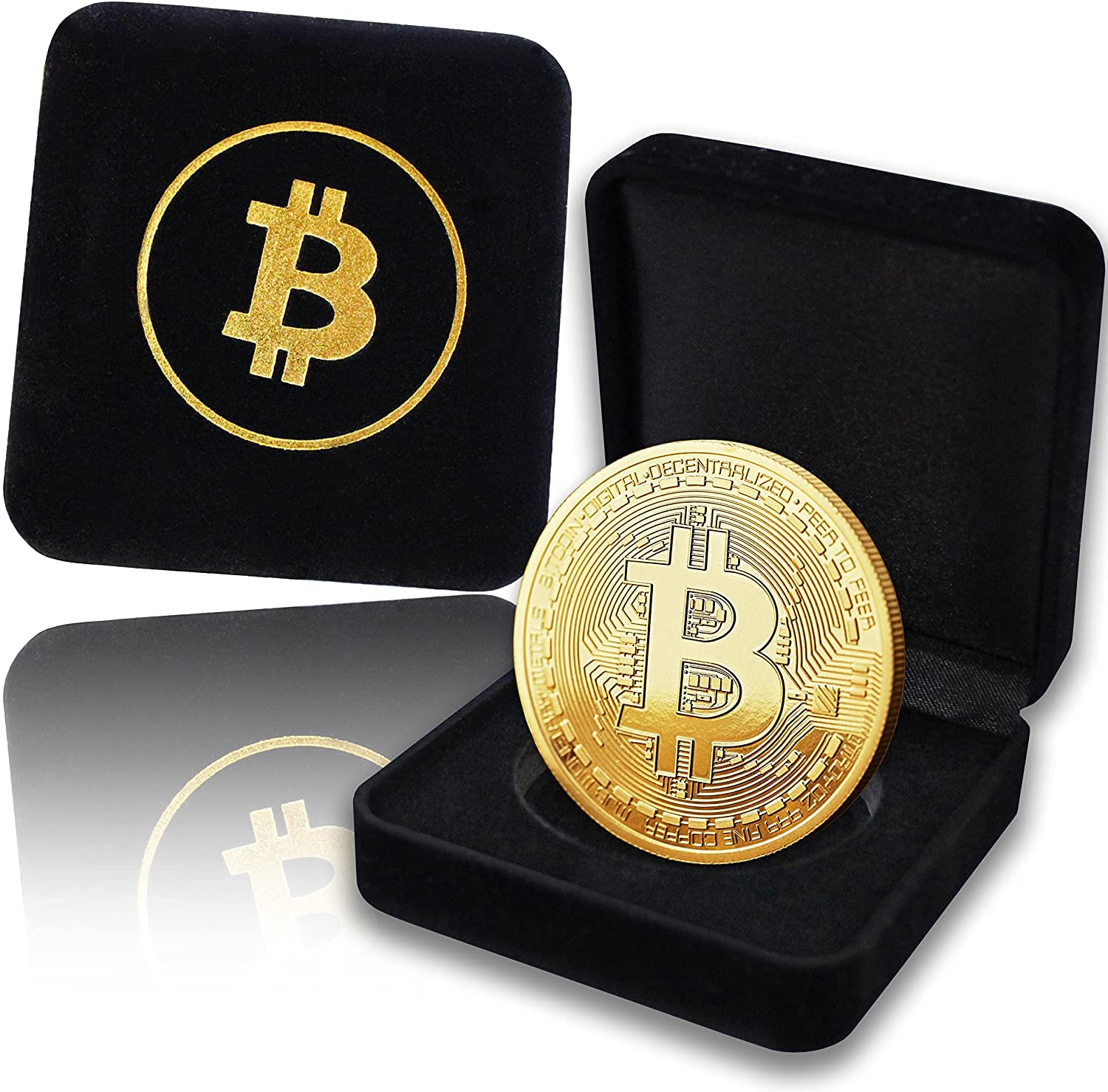 Coleccionable Bitcoin Cofre Moneda Bitcoin Bañada Oro 24K - Incluye Cofre  Terciopelo - Regalo Criptomonedas Bitcoin Físico
