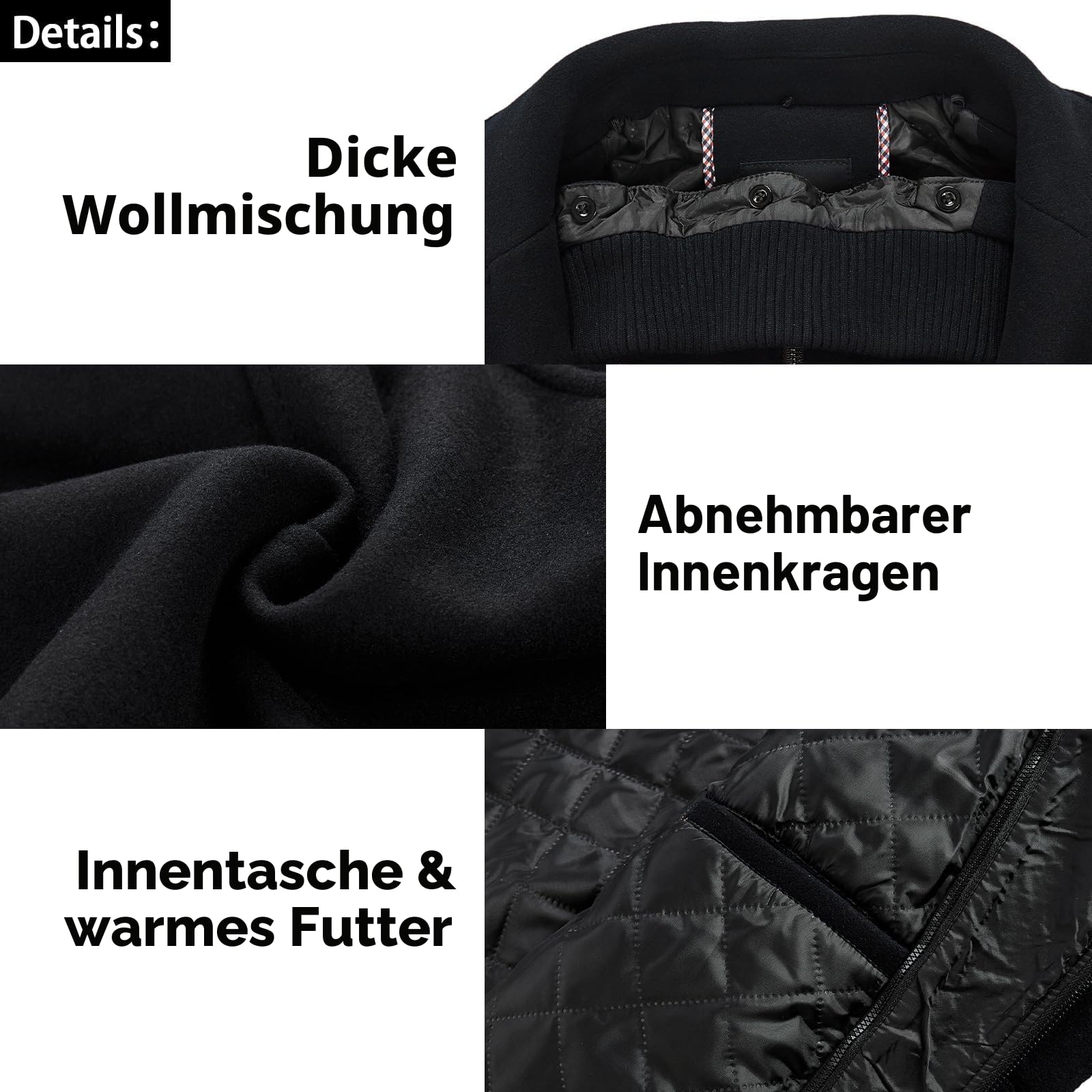 KUDORO Herren Wintermantel Wolle Kurzmantel Herren Wollmantel Mittellang Peacoat Winterjacke Slim Fit für Business Freizeit(Schwarz2,S)