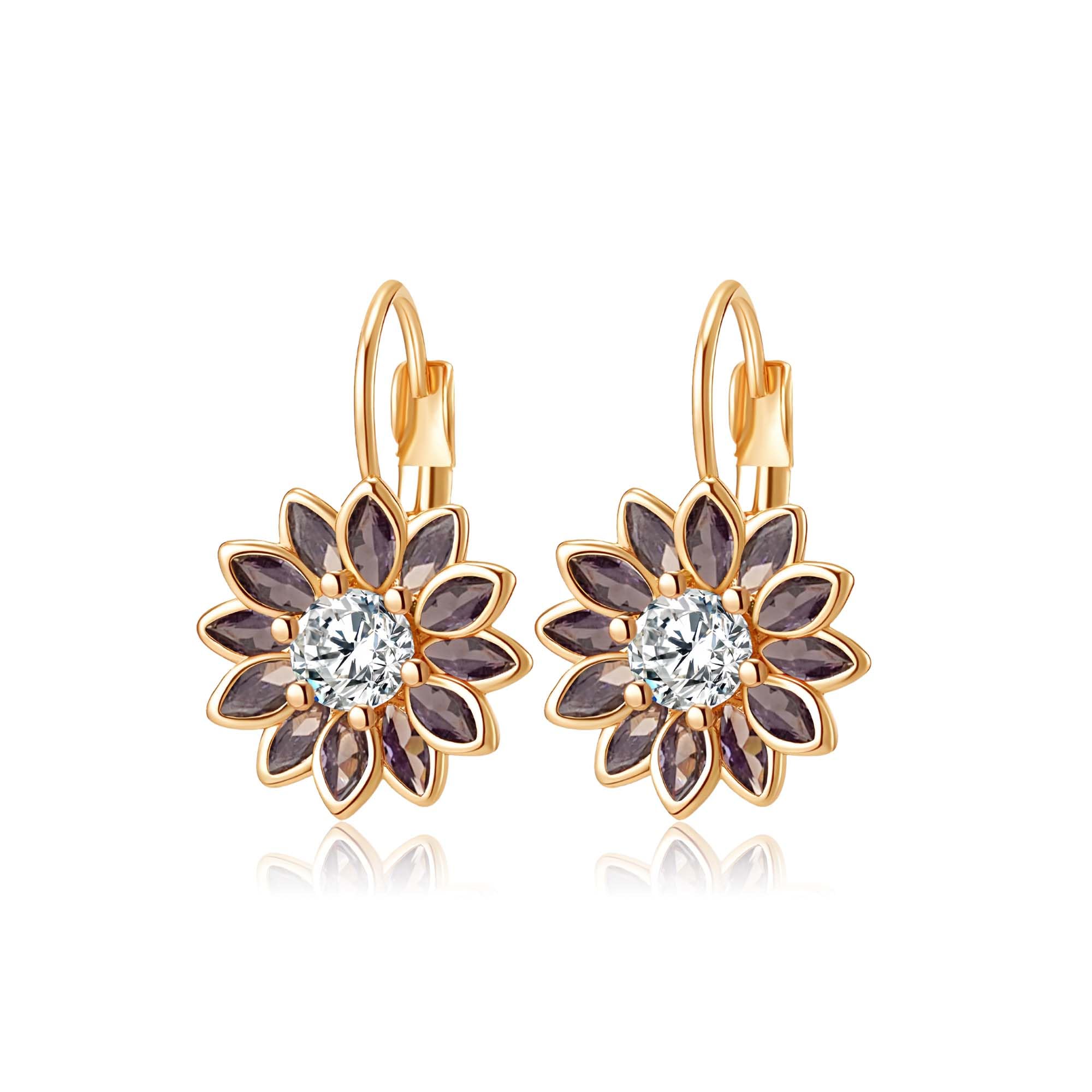Austrian Crystal Flower Drop Leverback Earrings for Women Fashion 14K Gold Plated Hypoallergenic Jewelry