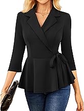 GRACE KARIN 2025 Women's Wrap V Neck Peplum Tops Elegant 3/4 Sleeve Dressy Casual Blouses Work Business Tie Front Shirt