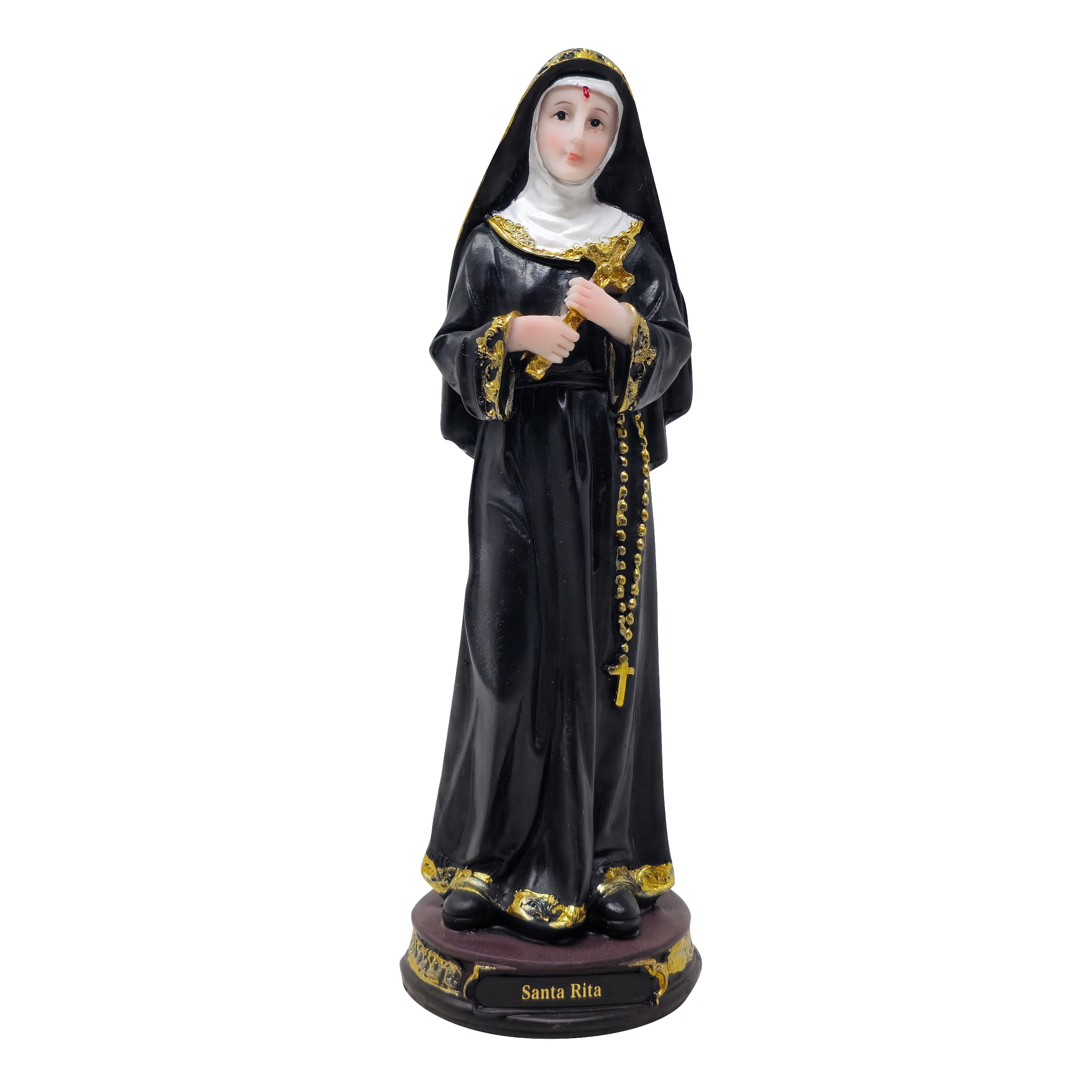 Saint Rita Statue | Multiple Sizes | Durable Resin | Authentic Black Gown | Ideal for Church, Home Decor, Gifts | Spanish Name Engraved