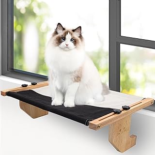 Sycoodeal Cat Window Perch Cat Sill Window Hammock Thicken Rubber Wood & Metal Frame for Large Cat, Easy to Adjust & Assemble Cat Bed Seat for Windowsill, Bedside, Drawer and Cabinet (21 Inch M)