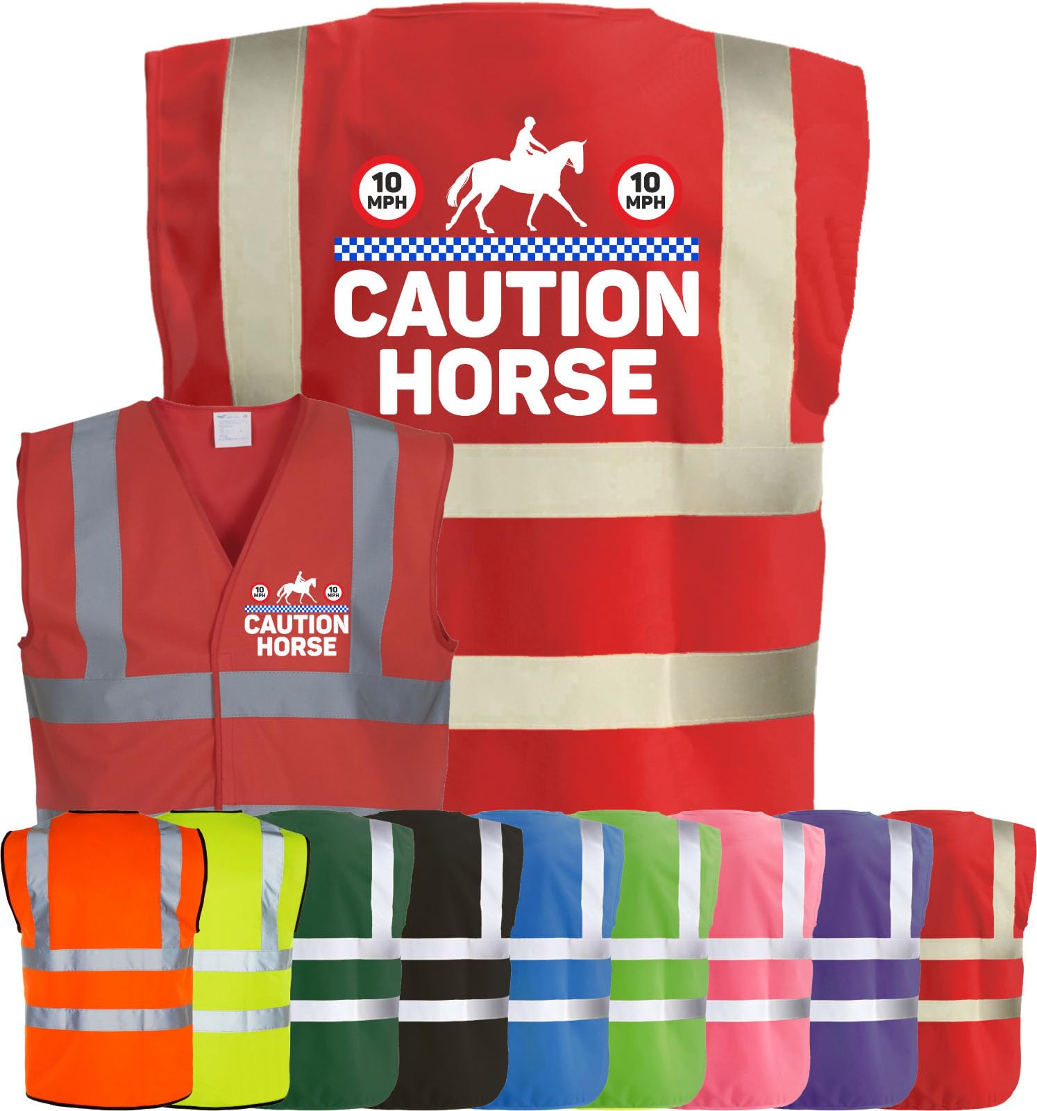 Corporate Togs Equine Hi-Vis CAUTION HORSE - Horse Equestrian Rider Safety Vest Tabard, Hi-Visibility Safety Vest with 2 Band & Brace Reflective Strips | Protective Safety Wear