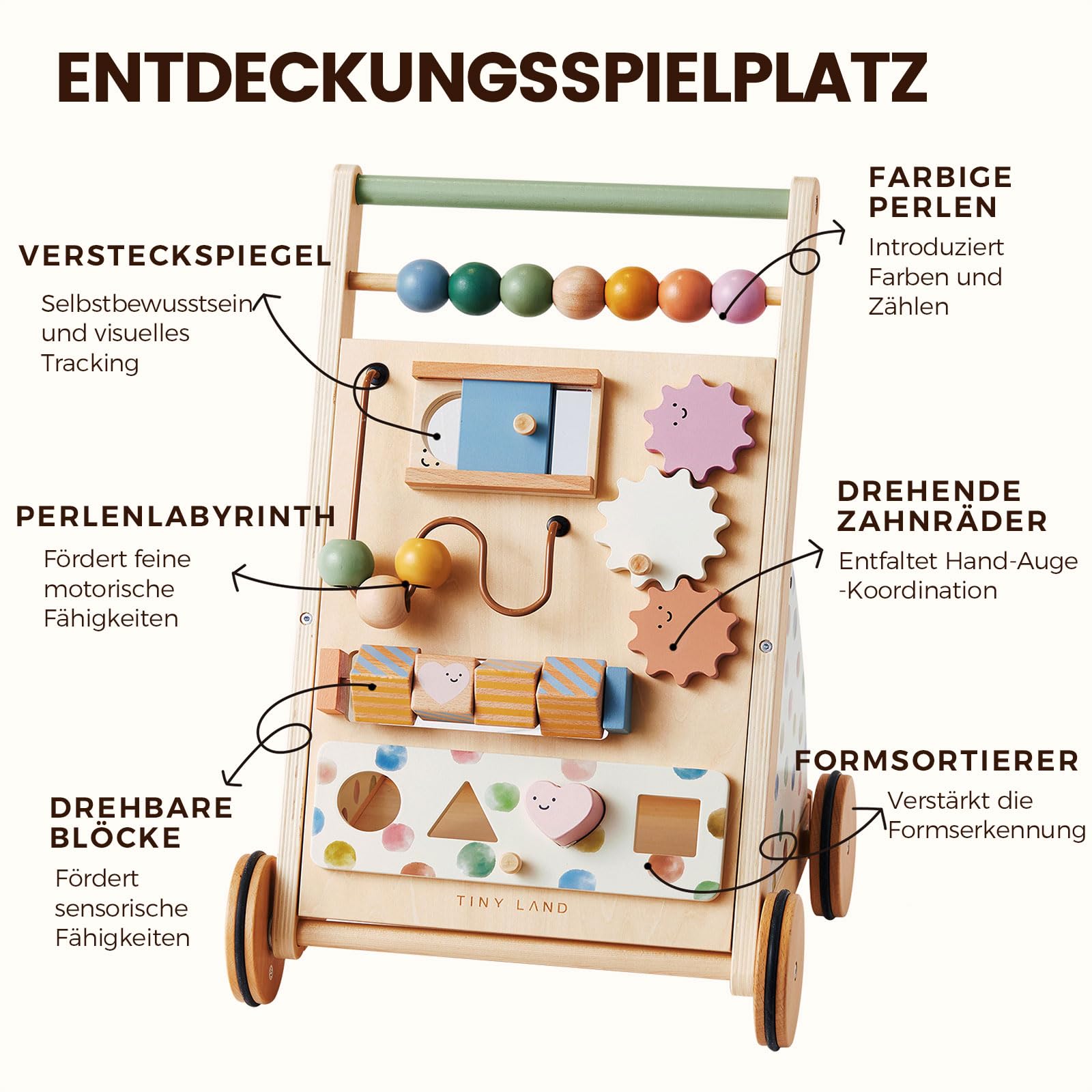 Tiny Land Lauflernwagen Holz Baby Walker - Lauflernhilfe ab 1 Jahr | Laufwagen mit Bremse & Einstellbarer Geschwindigkeit für Jungen & Mädchen, Gehhilfe und Baby Aktivitätscenter