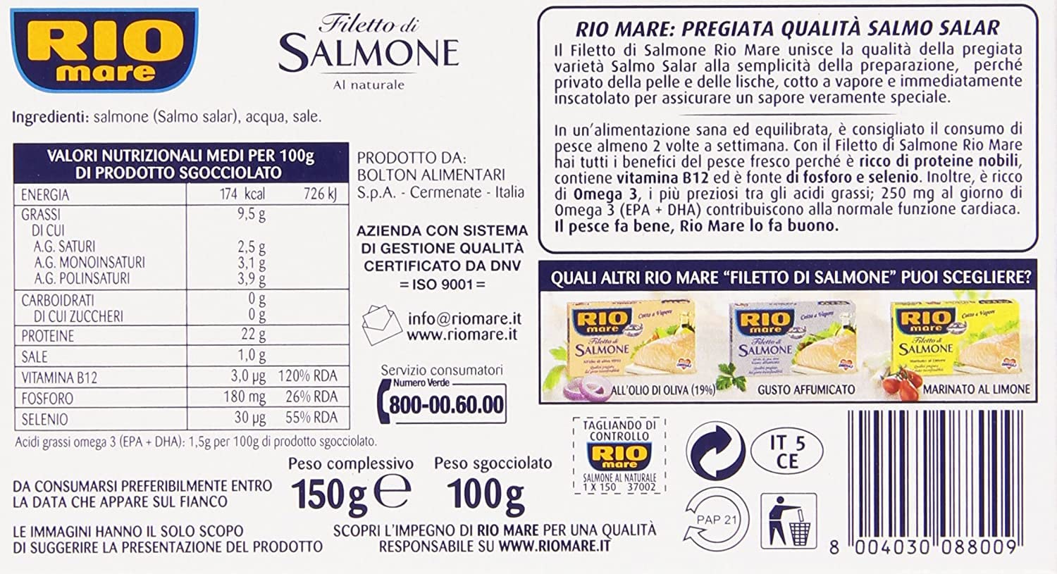 3x Rio Mare Filetto di Salmone cotto a vapore al naturale Gedämpftes Lachsfilet 150g reich an Omega 3