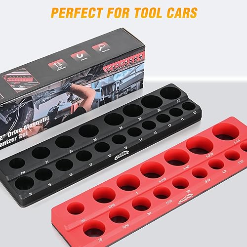 Miniatura 6 de GOOACC Juego de organizador magnético de enchufes de 12 pulgada, 2 organizadores de soportes de enchufes métrico y SAE, bandeja organizadora de