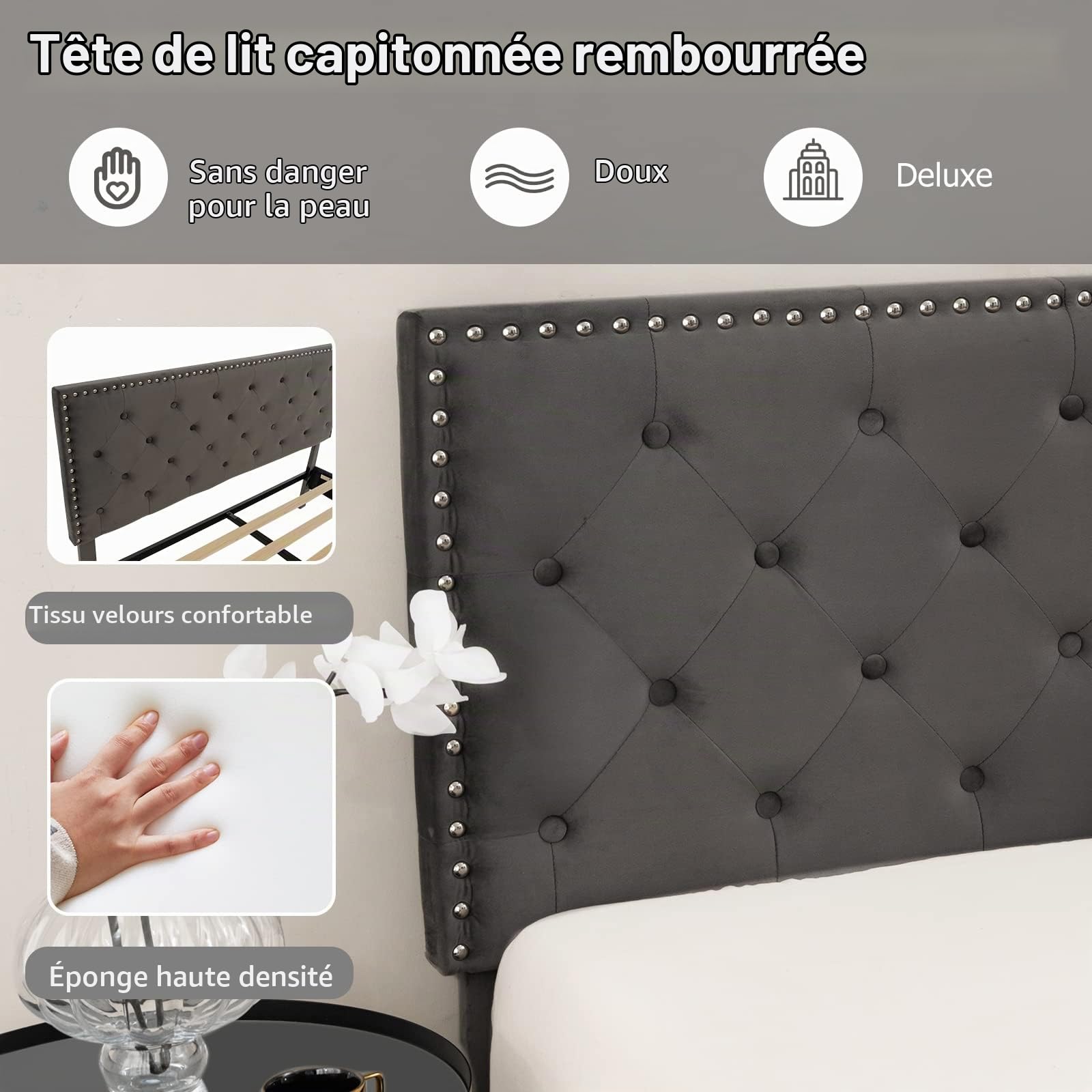 GOPLUS Lit 180 x 200 avec Sommier sans Matelas, Lit Capitonné avec Tete, King Size, Lattes Bois Massif, Charge 450 KG(Gris|Coin carré, 180X200CM)