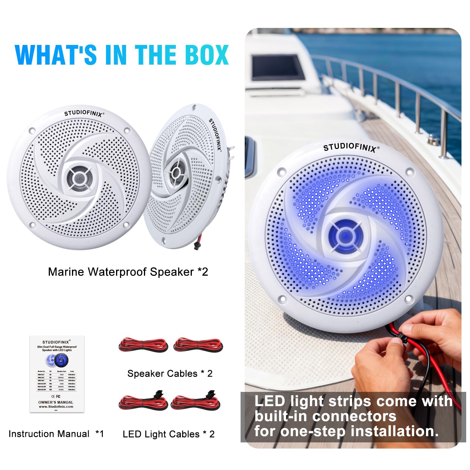 STUDIOFINIX 5,25-Zoll wasserdichte Marinelautsprecher – 160 W, 2-Wege, wetterfestes Outdoor-Boots-Audio mit LED, flach & schlank, für Boote, Wohnmobile u. mehr (2, weiß)