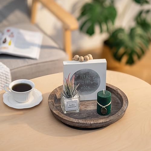 Miniatura 86 de Hanobe Bandeja de madera rústica: bandeja decorativa redonda de madera para mayordomo, centro de mesa, bandejas portavelas, bandeja otomana