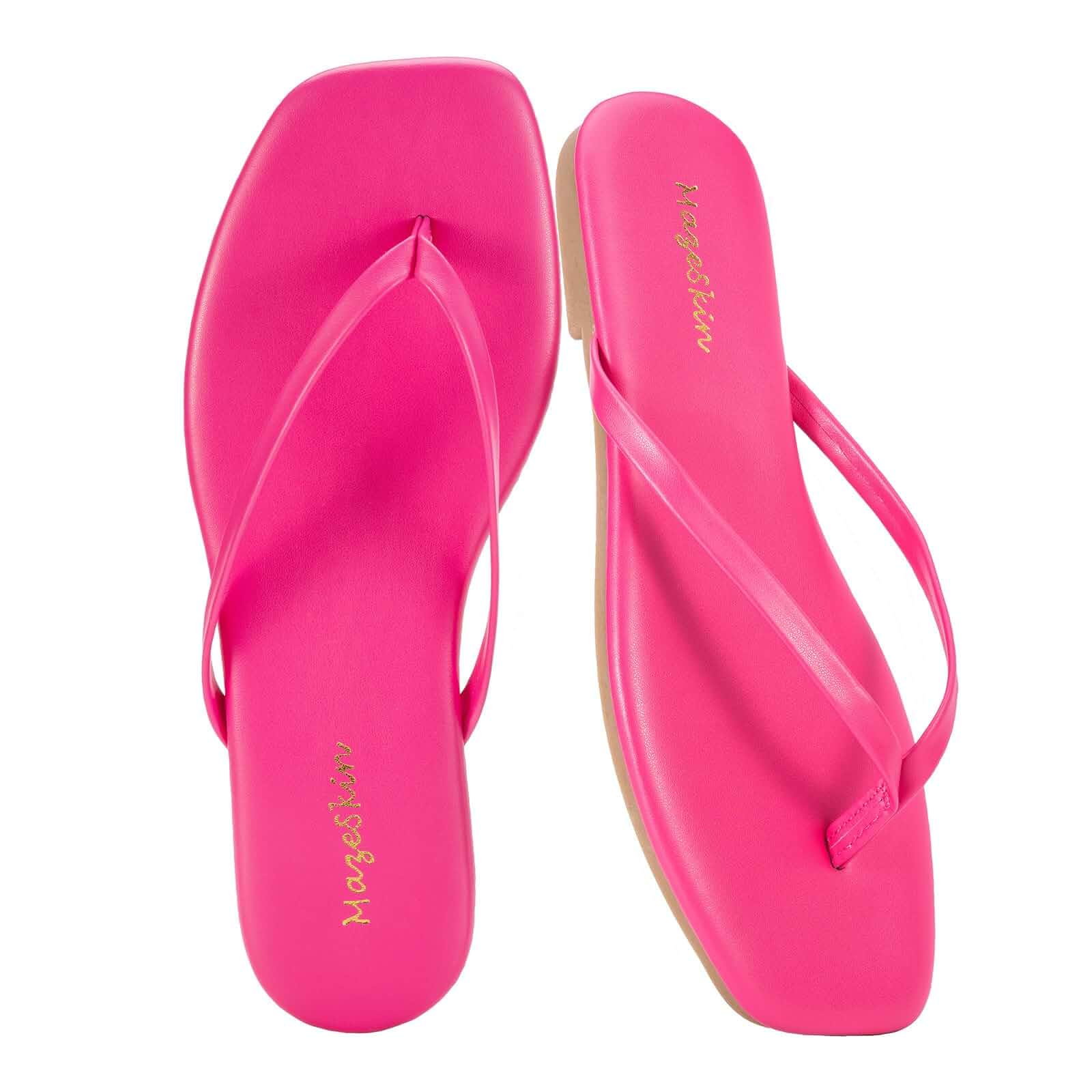 mazeskin Womens Memory Foam Flip Flops Leather Flat Sandals Vegan Leather Square Toe Cushion Summer Casual Comfortable Slim Thong Beach Slide Shoes Non Slip