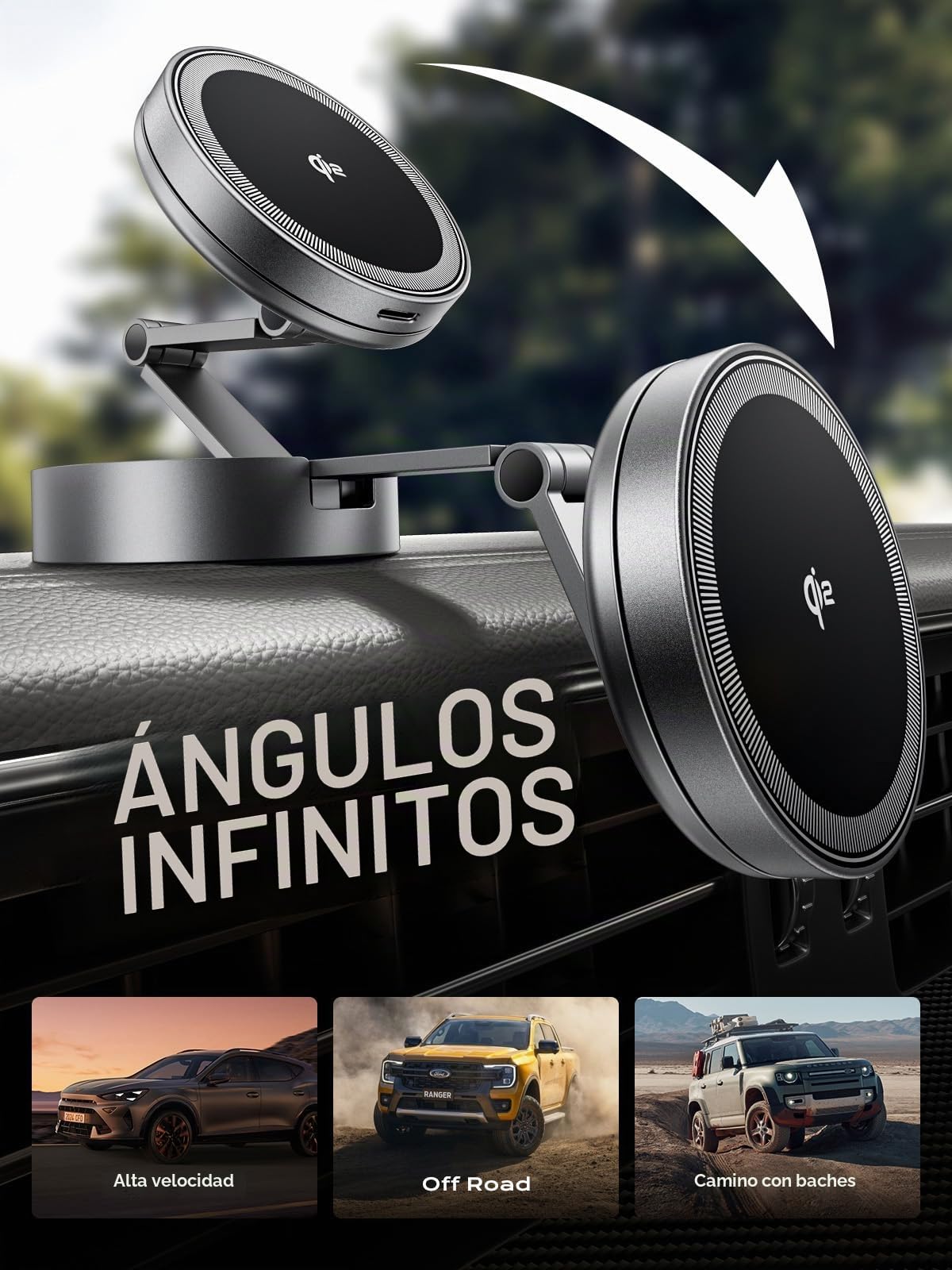 THREEKEY Cargador Inalámbrico Coche, Qi2 15W para Magsafe Soporte Magnético Móvil con Brazo Largo y Rotación 360°, Compatible iPhone 16/15/14/13/12 Series & Galaxy S25 Ultra, Negro