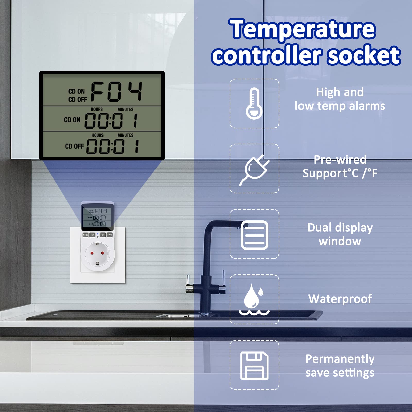 Termostato Digital, Enchufe de 230V 16A con Sensor, Temporizador Día y Noche para Invernadero, Calefacción, Refrigeración, Interruptor de Temperatura para Terrario